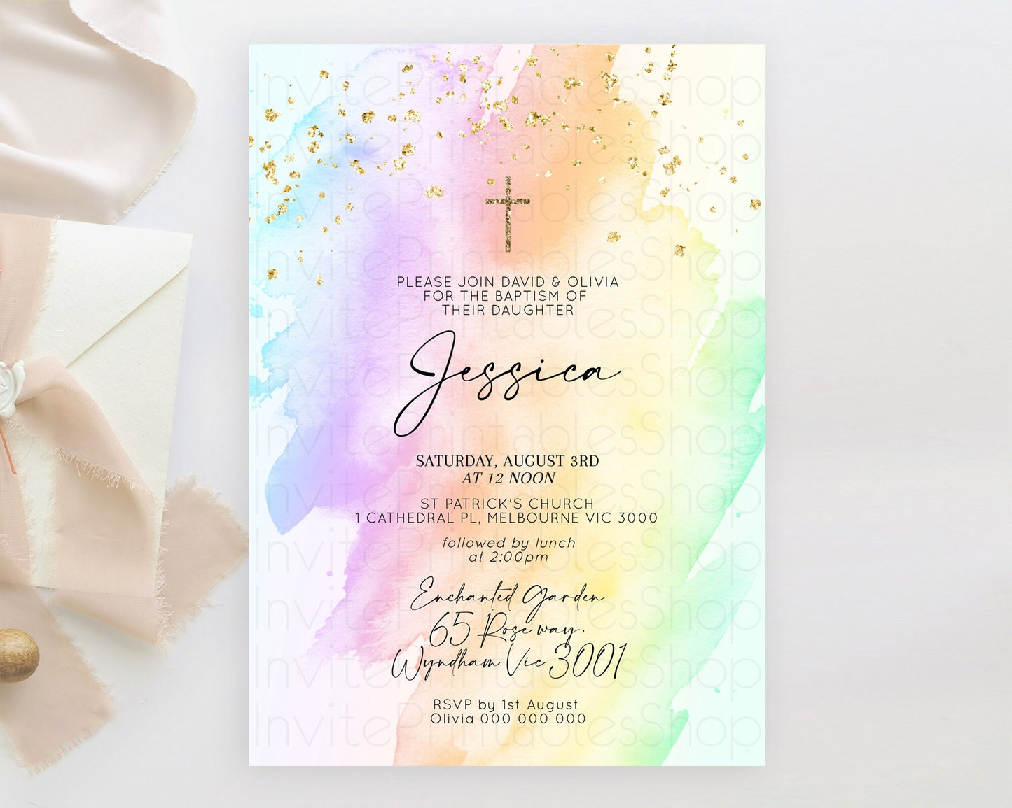 Pastel Baptism Invitation Pastel Colors Watercolor Baptism 1st Birthday Party Gold Ombre Pastel Rainbow Christening Holy Communion D10645