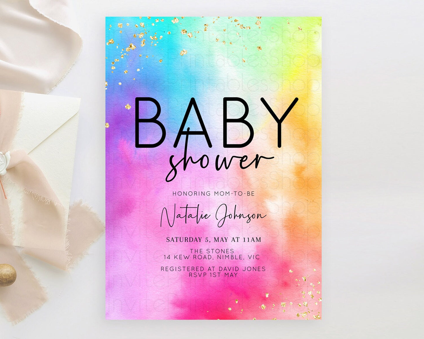 Pastel Baby Shower Invitation Rainbow Baby Shower Invitation Colorful Pastel Watercolor Invitation Gold Glitter Sprinkles Ombre D10456