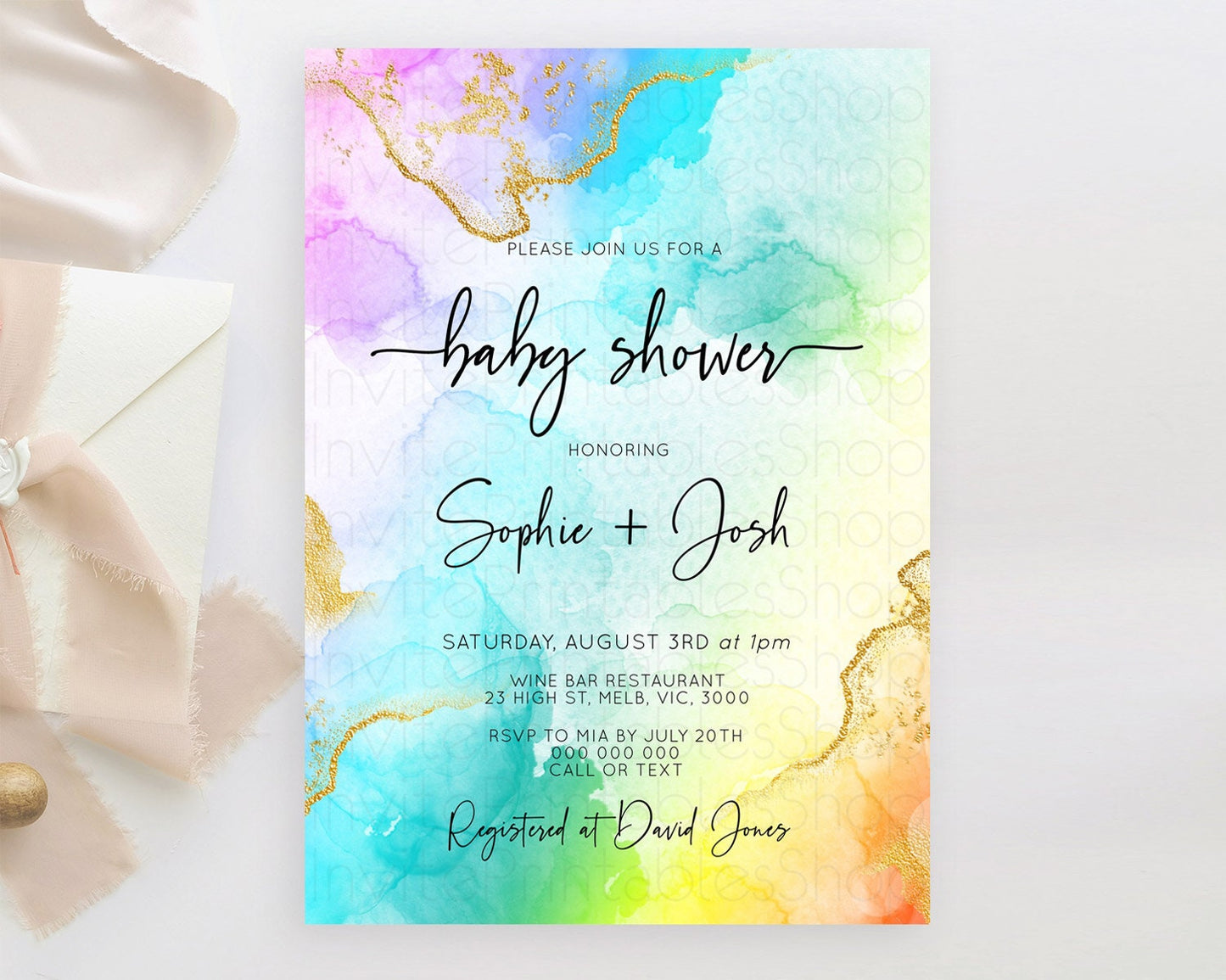 Pastel Baby Shower Invitation Rainbow Baby Shower Invitation Colorful Pastel Watercolor Invitation Gold Glitter Sprinkles Ombre D10390