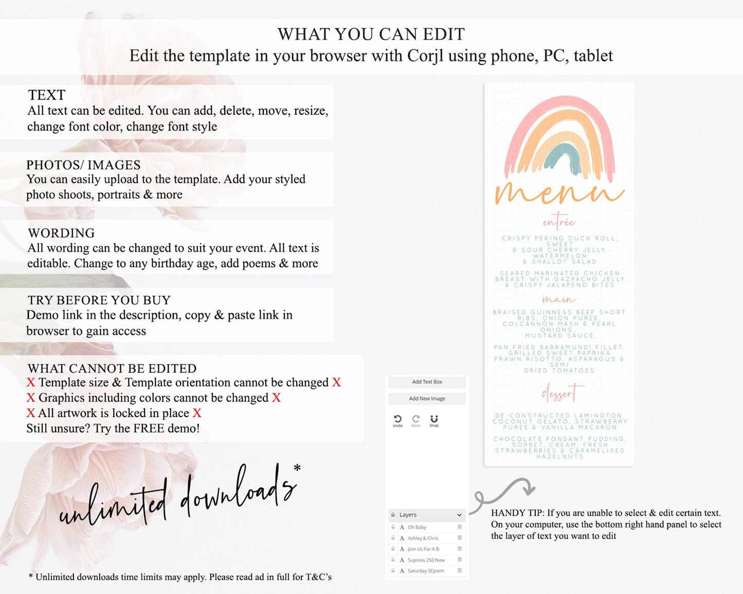 Pastel Rainbow Menu Boho Rainbow Menu Template Rainbow Boho Table Decor Pastel Rainbow Dinner Dessert Menu Rainbow Party Food Menu D10351