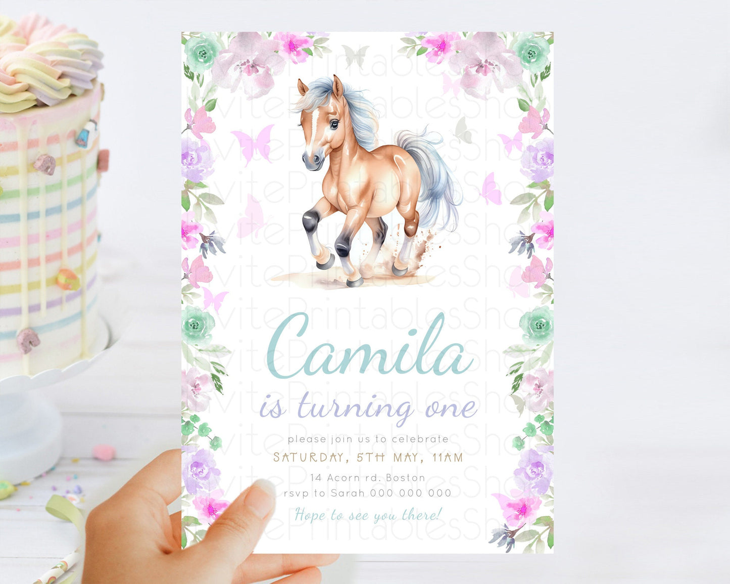 Horse Birthday Invitation, Galloping Wildflower Fields, Pastel Flowers, Butterflies, Flowers Accents for Equestrian & Cowgirls d23382