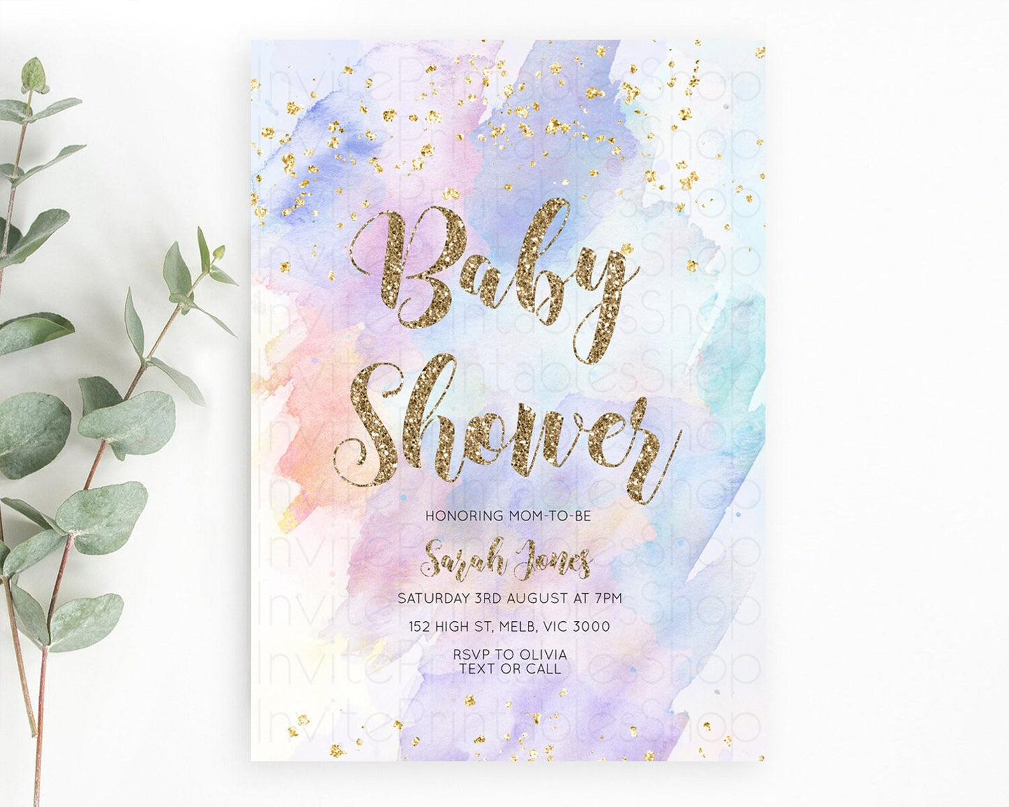 Pastel Baby Shower Invitation Rainbow Baby Shower Invitation Colorful Pastel Watercolor Invitation Gold Glitter Sprinkles Ombre D10583