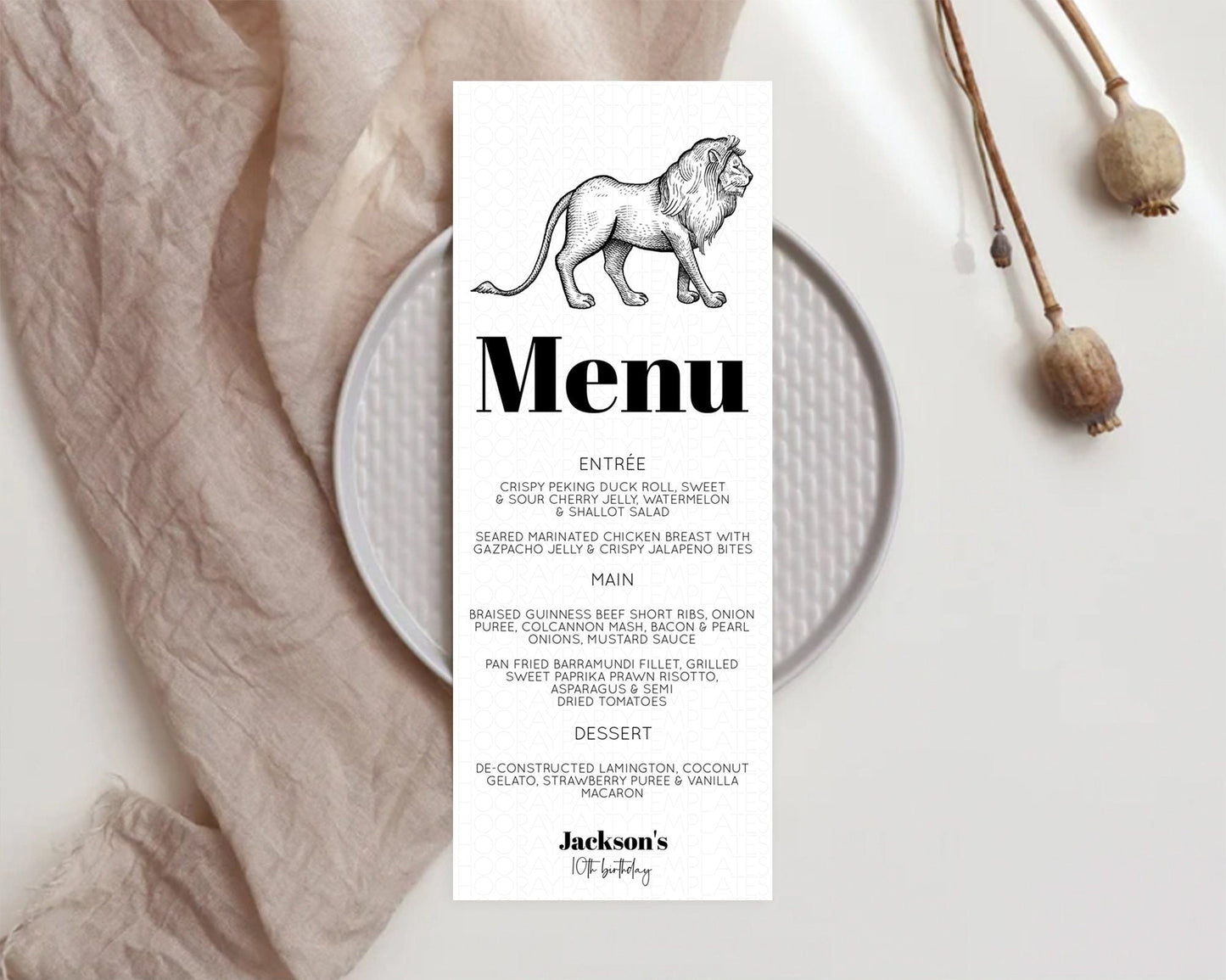 Lion Menu Lion Menu Template Lion Party Table Decor Safari Adventure Lion Menu Dried Palm Fern Lion Dinner Dessert Party Food Menu D10246