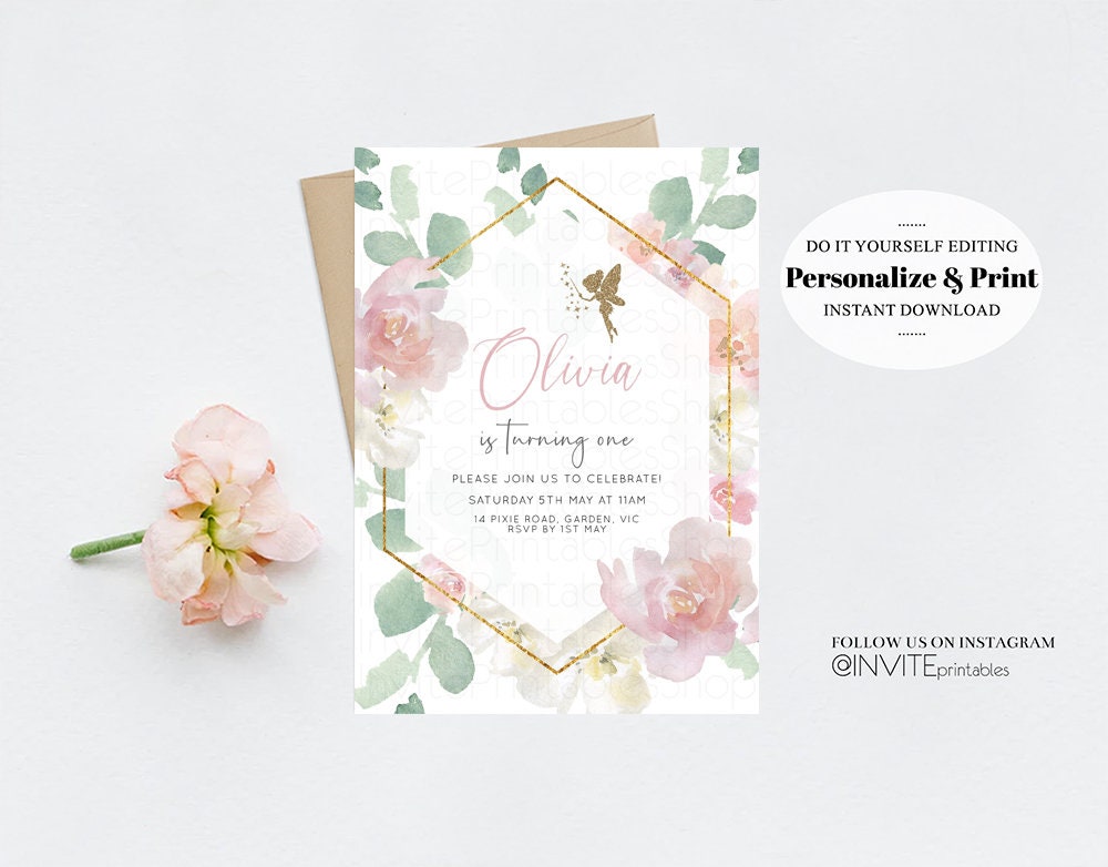 Fairy Birthday Invitation Enchanted Secret Garden Fairytale Watercolor Tinker Bell Glitter Floral Pastel Pink Flowers Template Invite