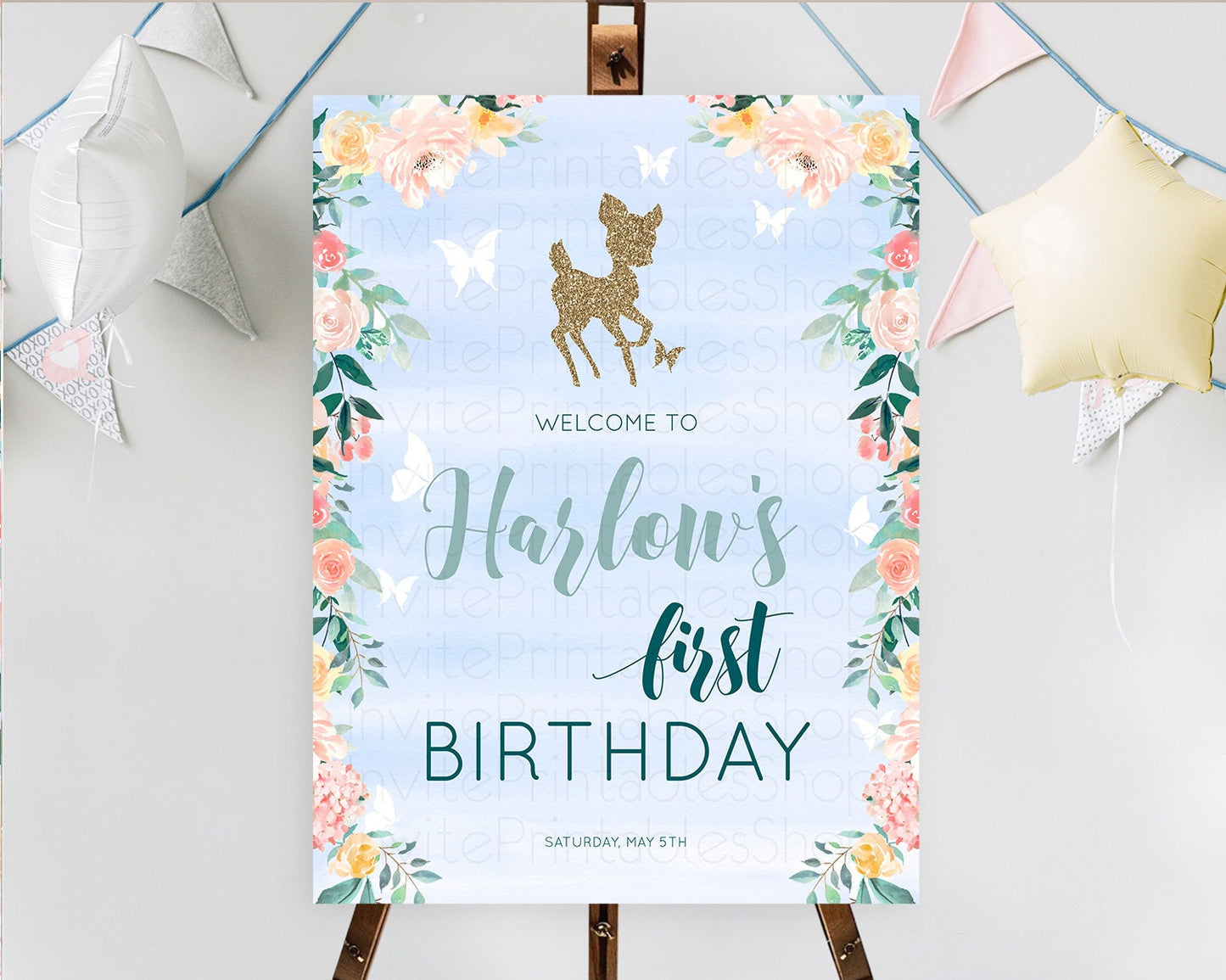 Fawn Welcome Sign Deer Welcome Board Floral Deer Welcome Poster Enchanted Forest Butterfly Pastel Floral First Birthday Welcome Sign D10875