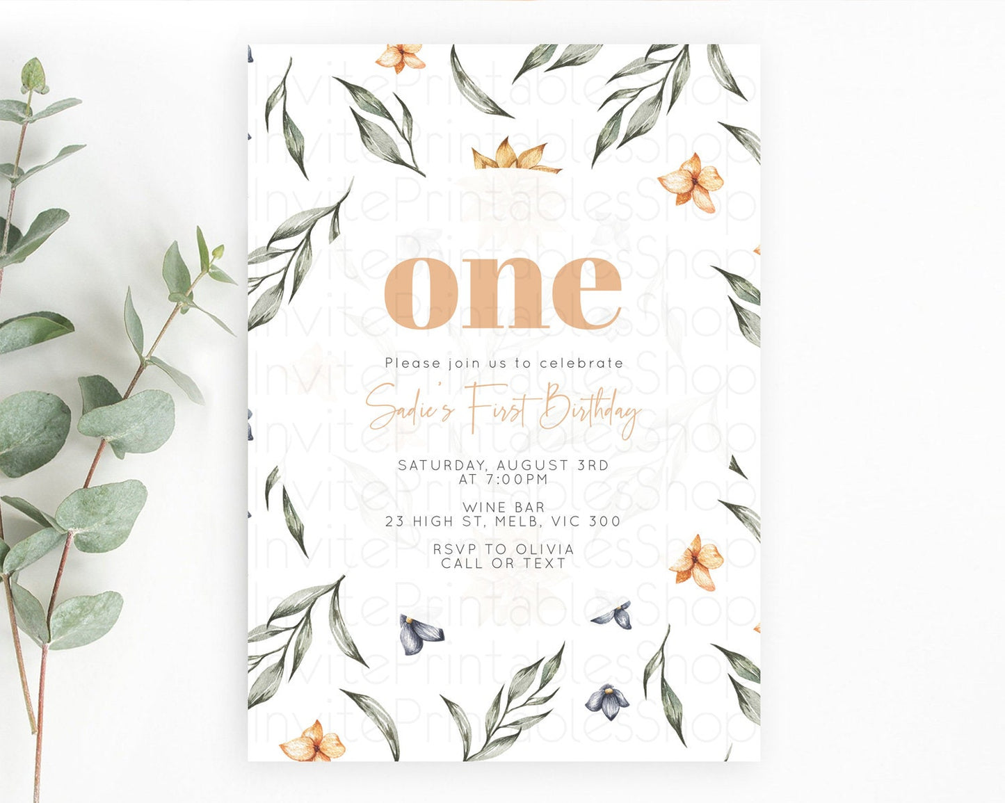 Leafy Birthday Invitation Leafy Invitation Simple Greenery Invitation Eucalyptus Fern Spray Leaves Minimal Green Leaf Watercolour D10544