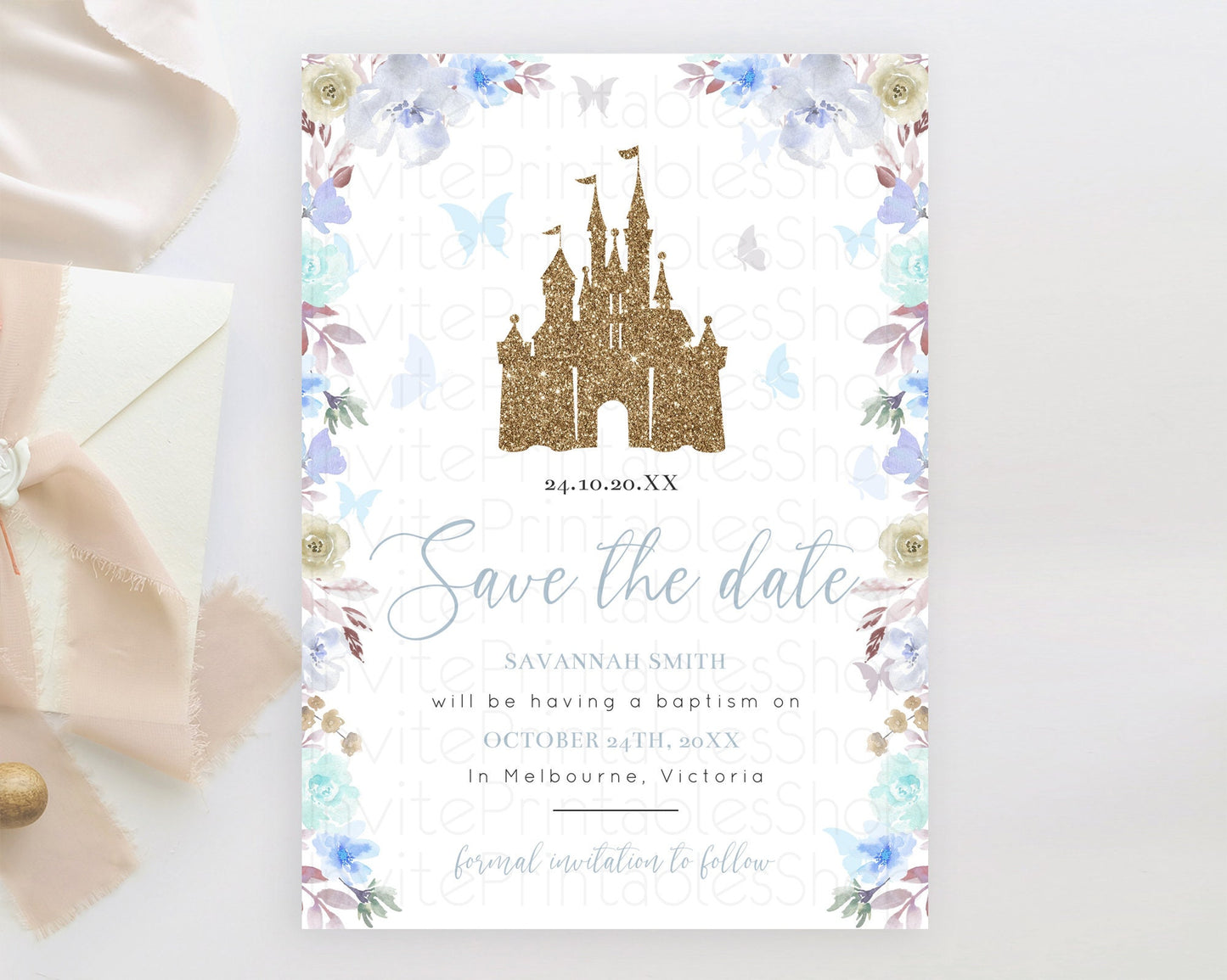 Princess Save The Date Template Secret Garden Enchanted Castle Pastel Floral Royal Party For 1st Birthday Baptism Baby Shower D10932