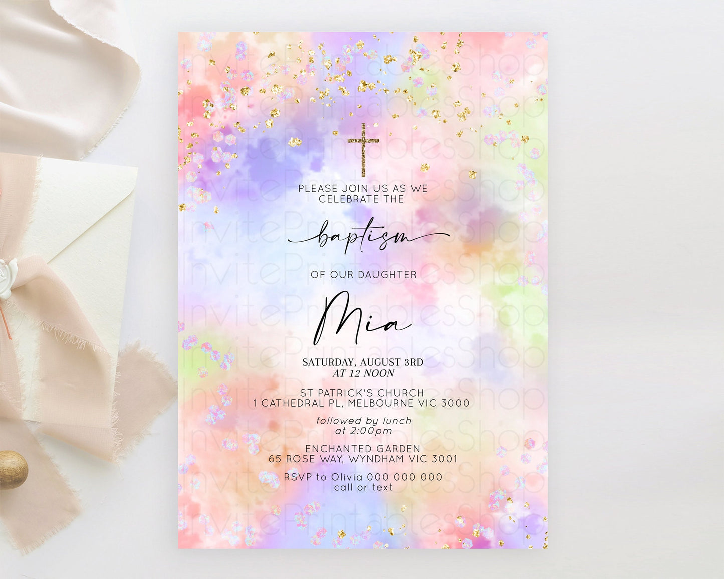 Pastel Baptism Invitation Pastel Colors Watercolor Baptism 1st Birthday Party Gold Ombre Pastel Rainbow Christening Holy Communion D10610