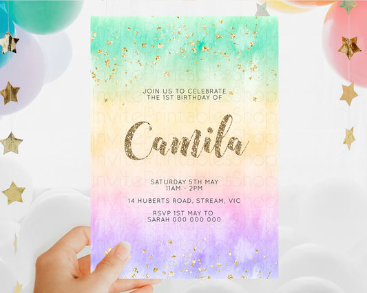 Editable Rainbow Birthday Invitation Colorful Pastel Watercolor Invitation G