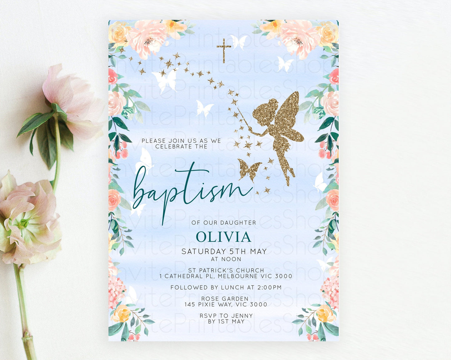 Fairy Baptism Invitation Fairy Baptism 1st Birthday Invitation Enchanted Secret Garden Christening Invite Pastel Floral Butterfly D10794