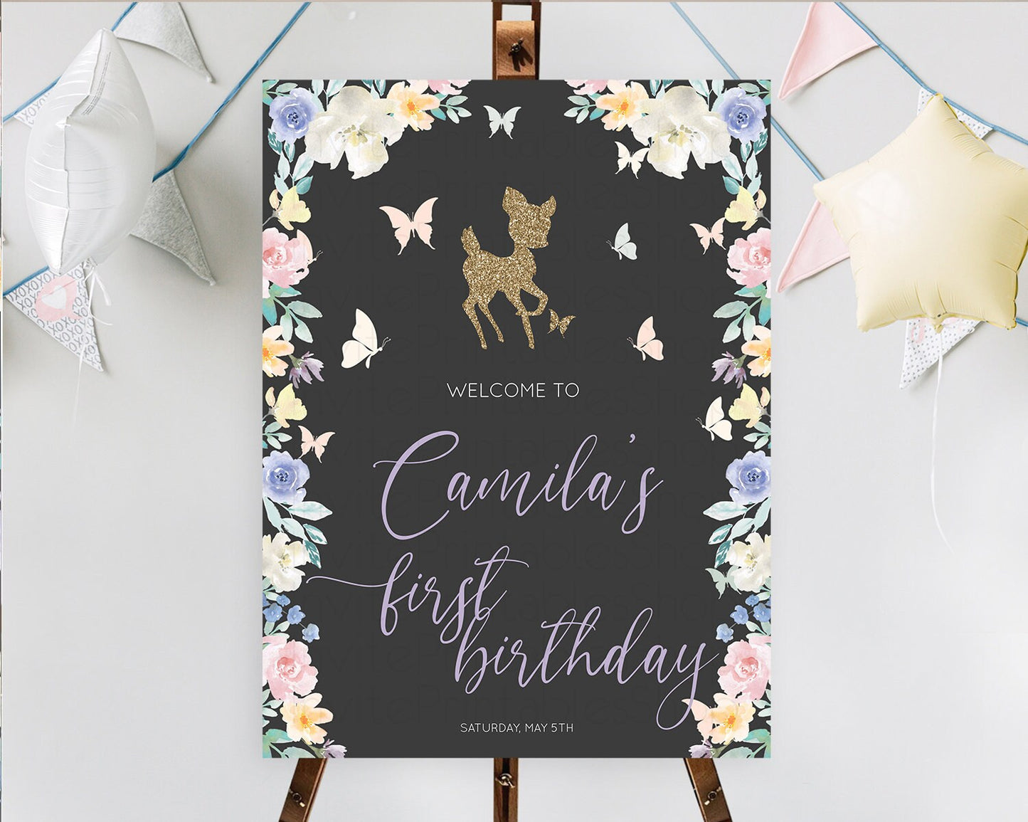 Fawn Welcome Sign Deer Welcome Board Floral Deer Welcome Poster Enchanted Forest Butterfly Pastel Floral First Birthday Welcome Sign D10323