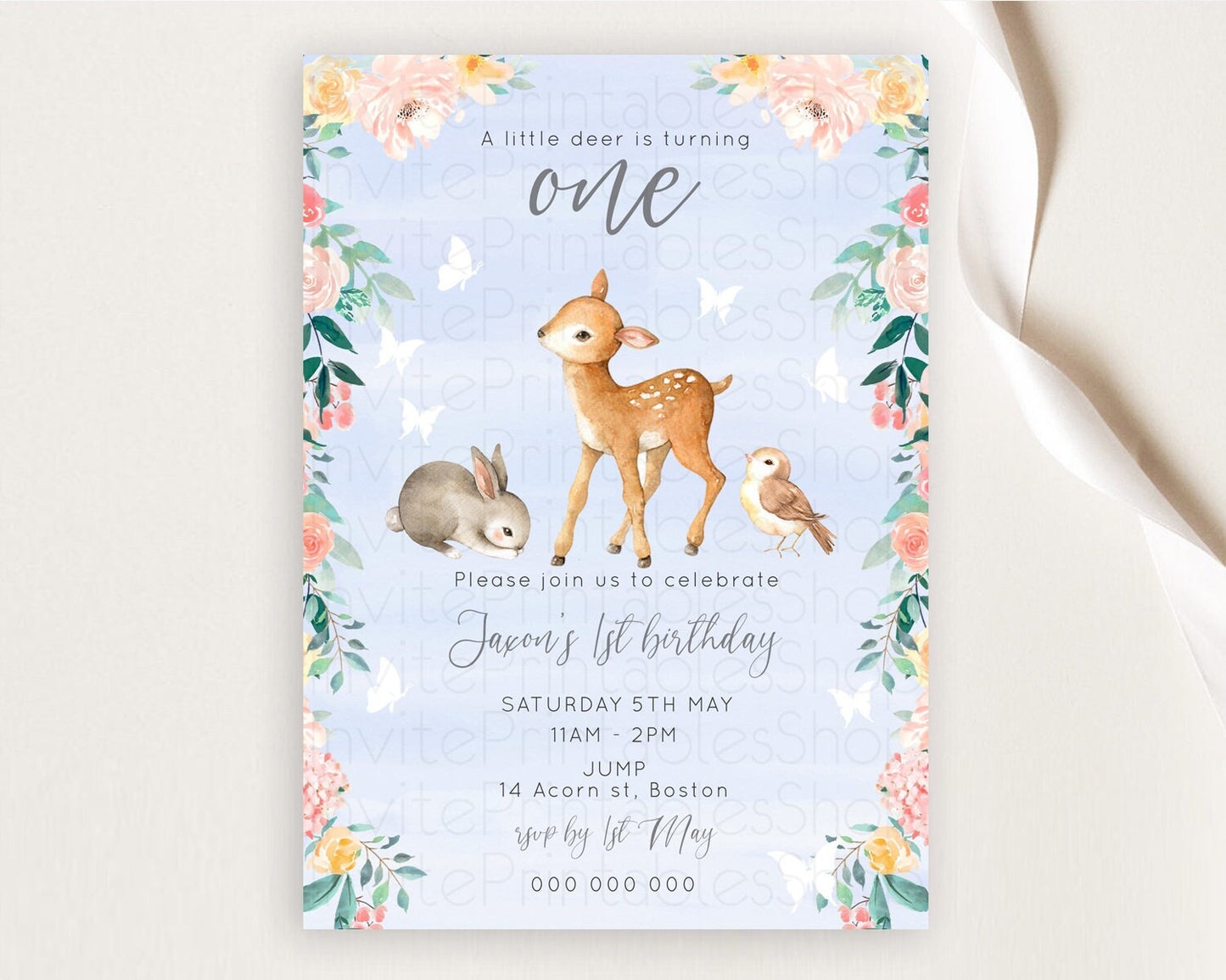 Fawn Birthday Invitation Deer Birthday Invitation Enchanted Forest Party Butterfly Pastel Flowers Whimsical 2nd 1st First Birthday D10920