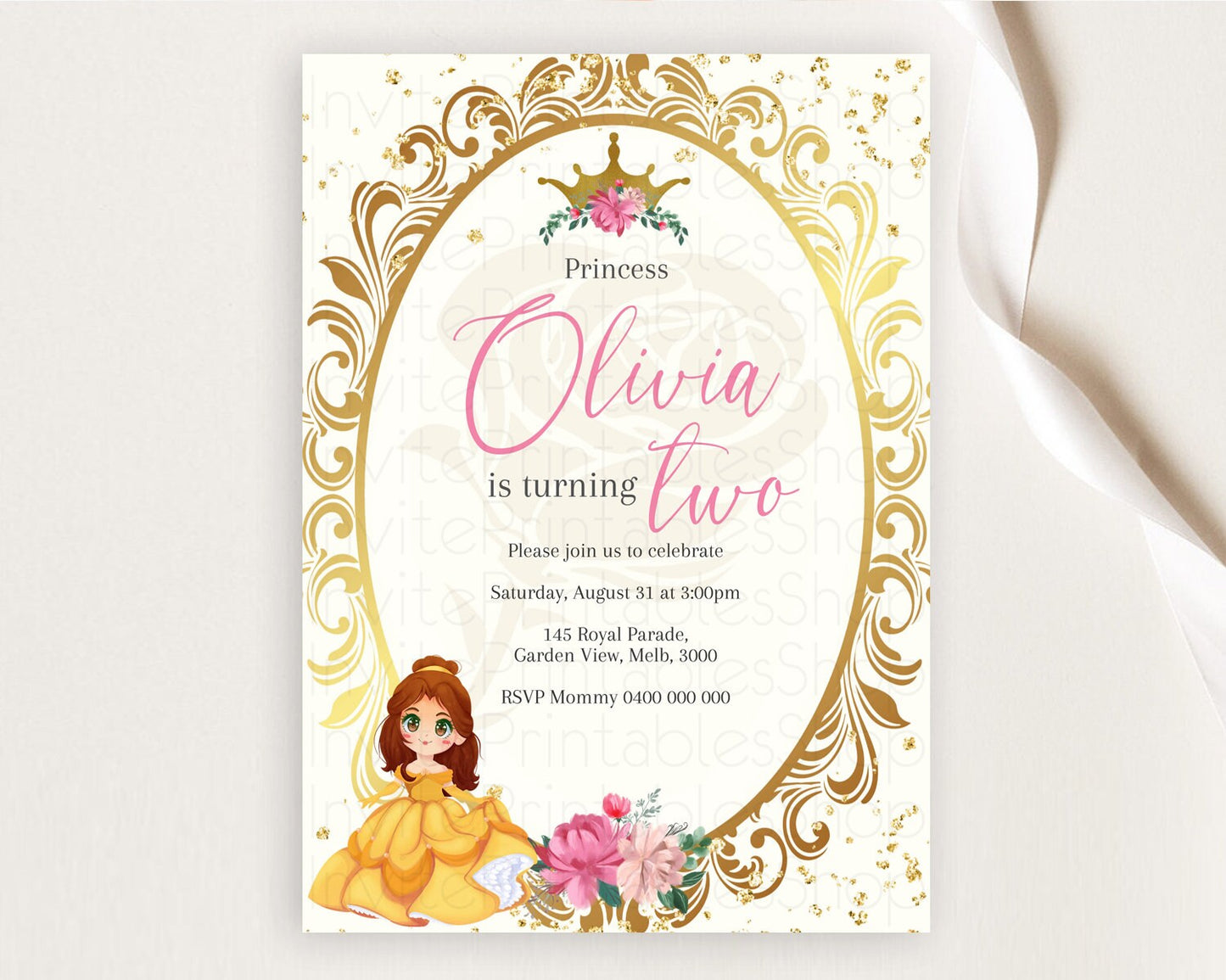 Princess Birthday Invitation Castle Invitation Royal Birthday Fairy Tale Enchanted Mirror Pastel Floral Garden 1st First Birthday D10739