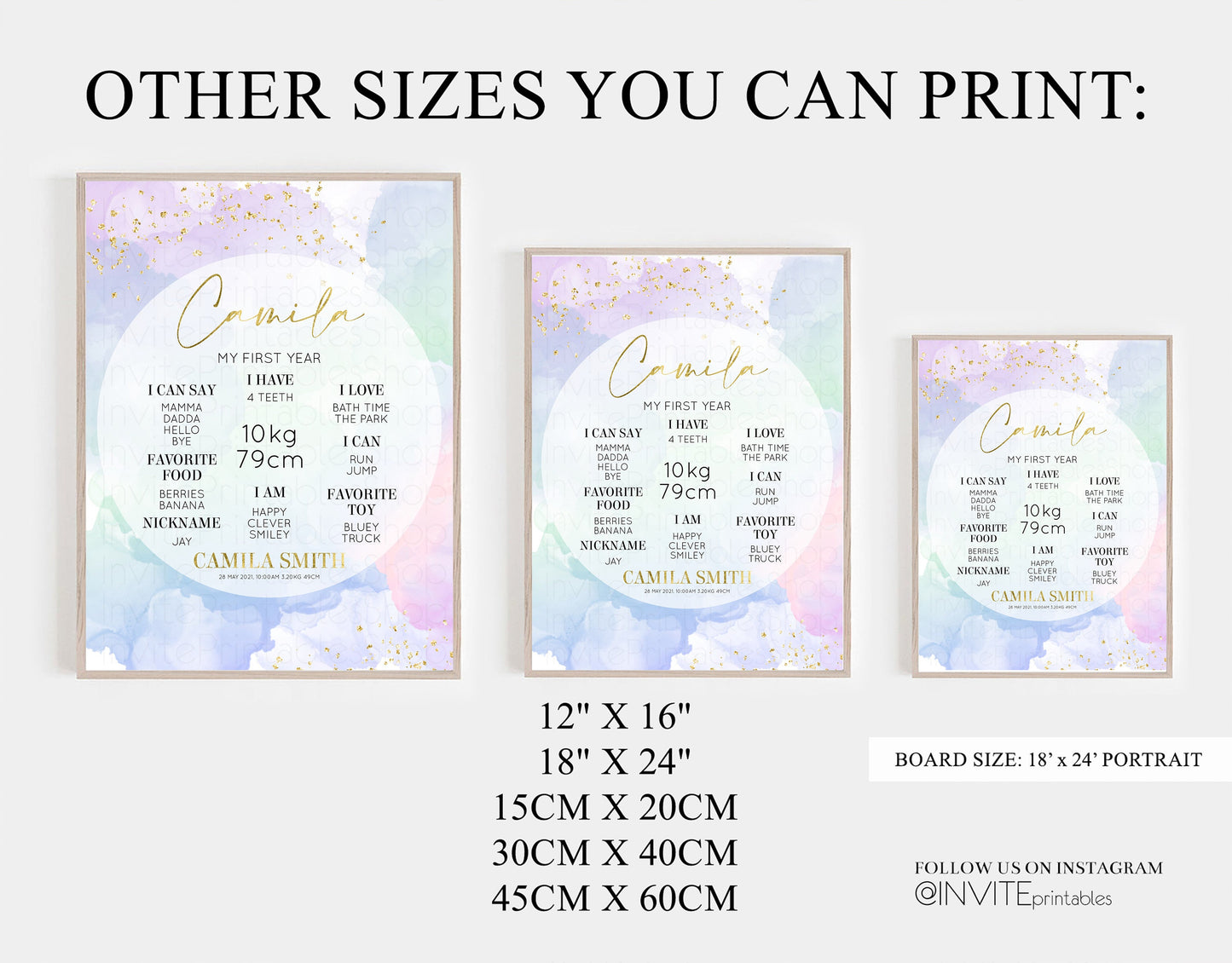 Pastel First Birthday Milestone Board Pastel Rainbow Milestone Poster Watercolor Glitter One Year Poster Colorful Splash Baby 1st Year 599v2