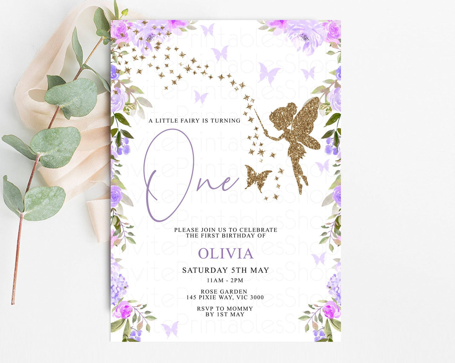 Fairy Birthday Invitation Enchanted Fairy Garden Invitation Magical Pixie Floral Pastel Birthday Invitation Wildflower Purple Glitter 47