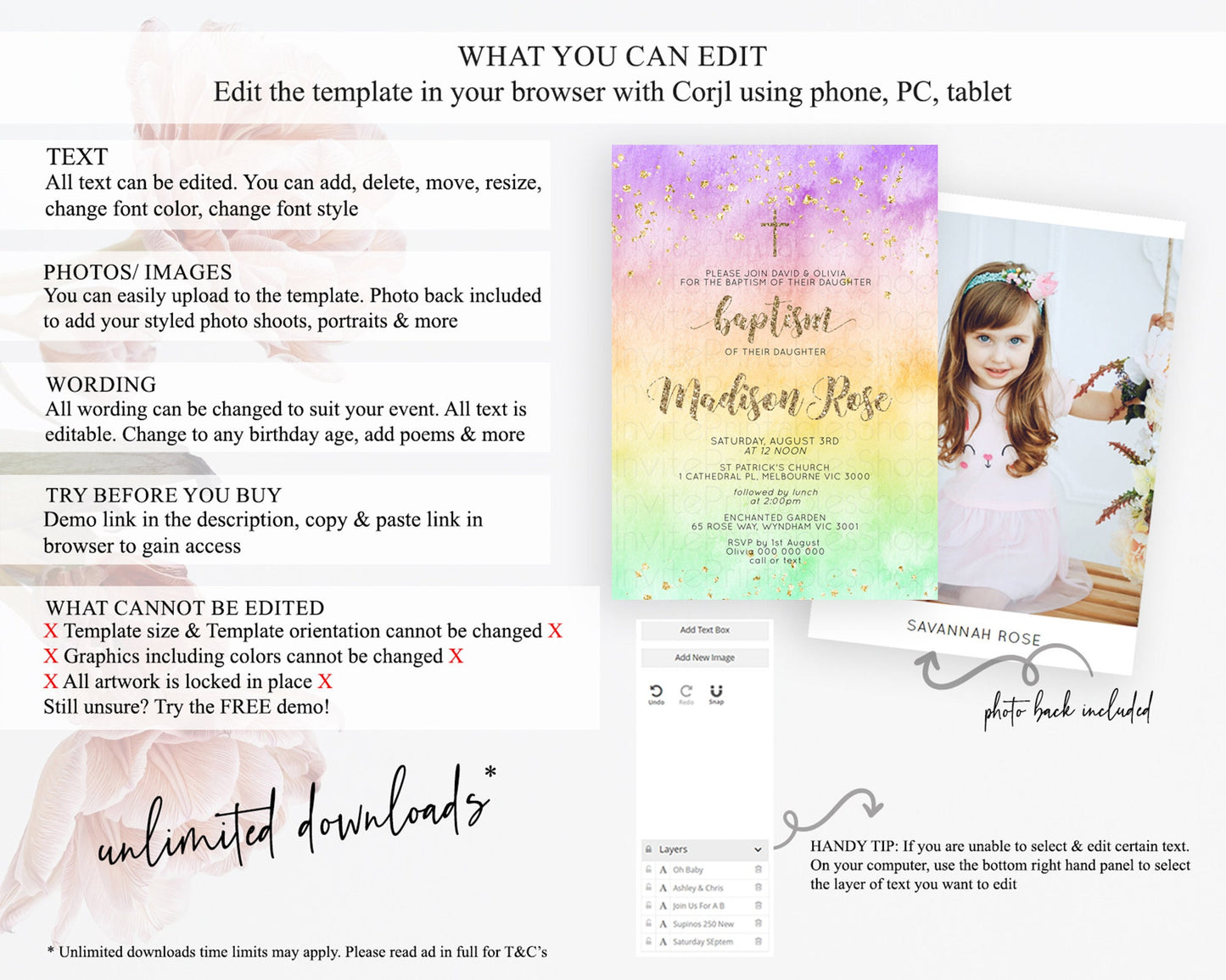 Pastel Baptism Invitation Pastel Colors Watercolor Baptism 1st Birthday Party Gold Ombre Pastel Rainbow Christening Holy Communion D10512