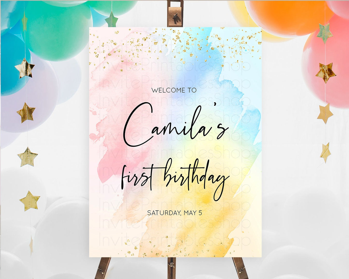 Pastel Welcome Sign Pastel Rainbow Welcome Sign Colorful Rainbow Confetti Watercolor Glitter Pastel First Birthday Welcome Sign D10557