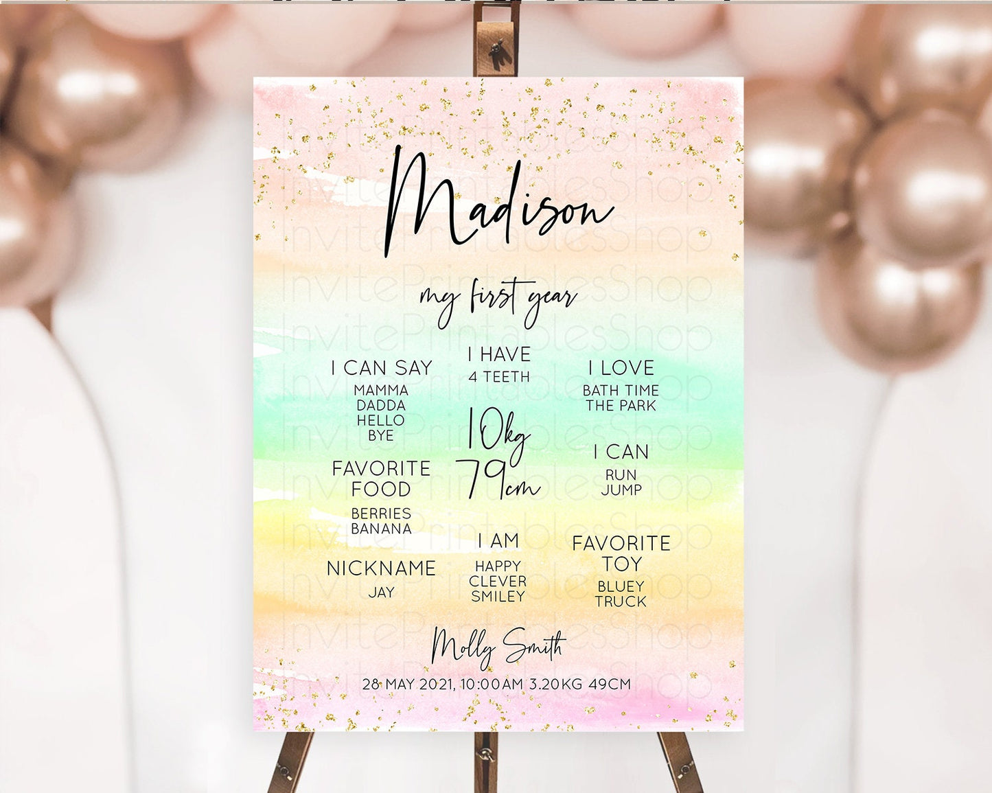 Pastel First Birthday Milestone Board Pastel Rainbow Milestone Poster Colorful Confetti Watercolor Glitter 1st Birthday Welcome Sign D10591