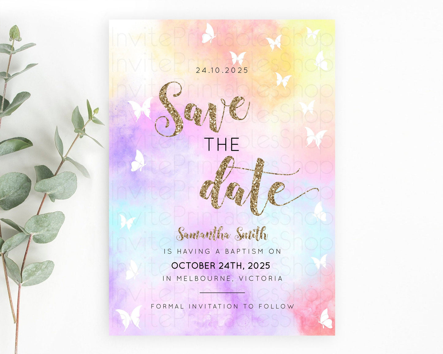 Pastel Save The Date Template Pastel Ombre Rainbow Watercolor Colorful Party For Birthday Baptism Baby Shower Wedding Bridal Shower D10435