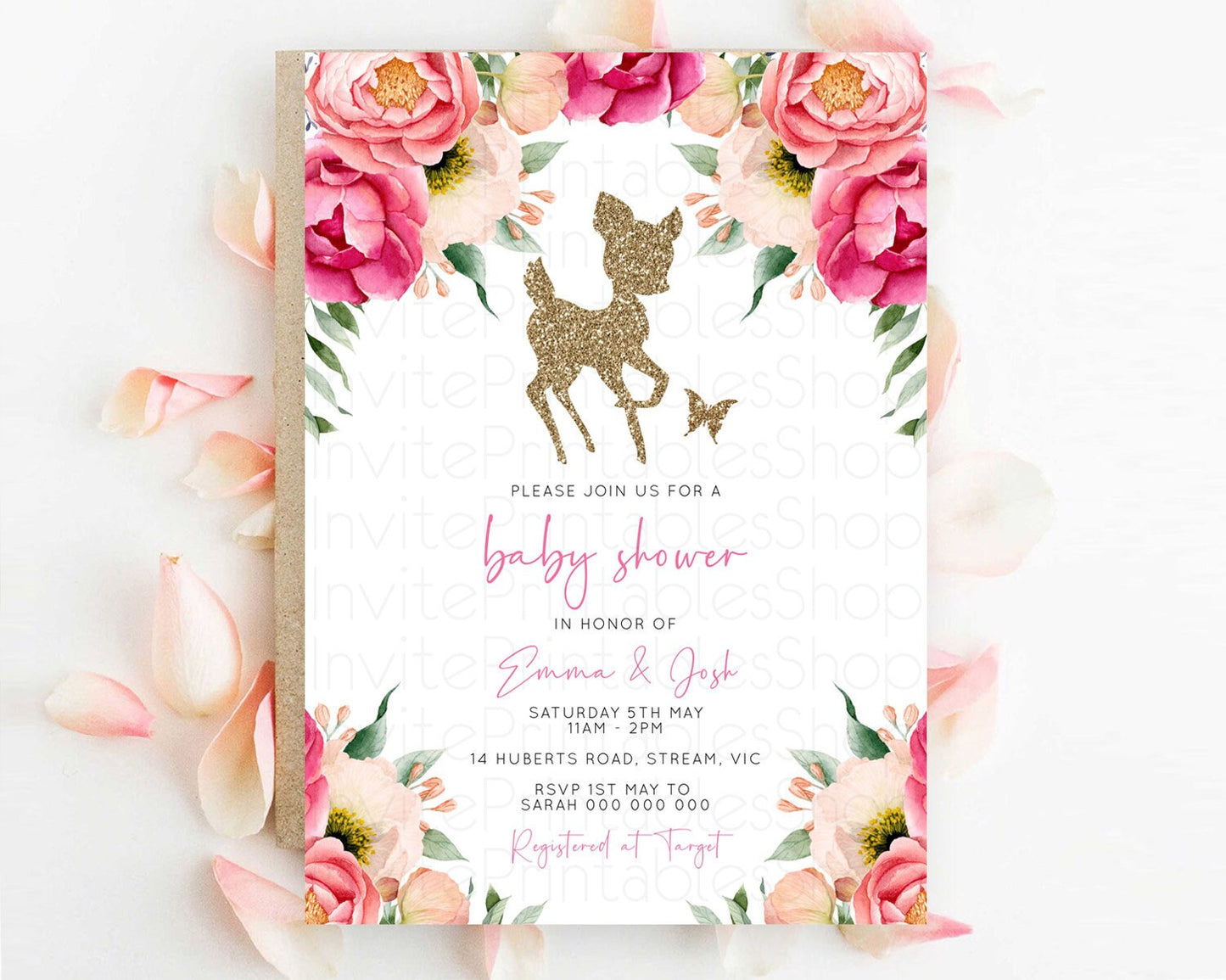 Fawn Baby Shower Invitation Deer Baby Shower Invites Enchanted Forest Theme Butterfly Pastel Flowers Whimsical Baby Shower D10326