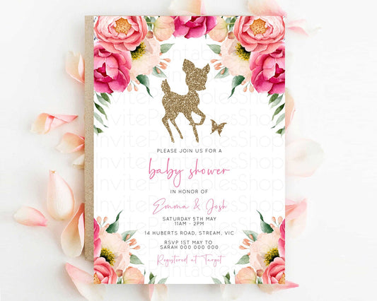 Fawn Baby Shower Invitation Deer Baby Shower Invites Enchanted Forest Theme Butterfly Pastel Flowers Whimsical Baby Shower D10326