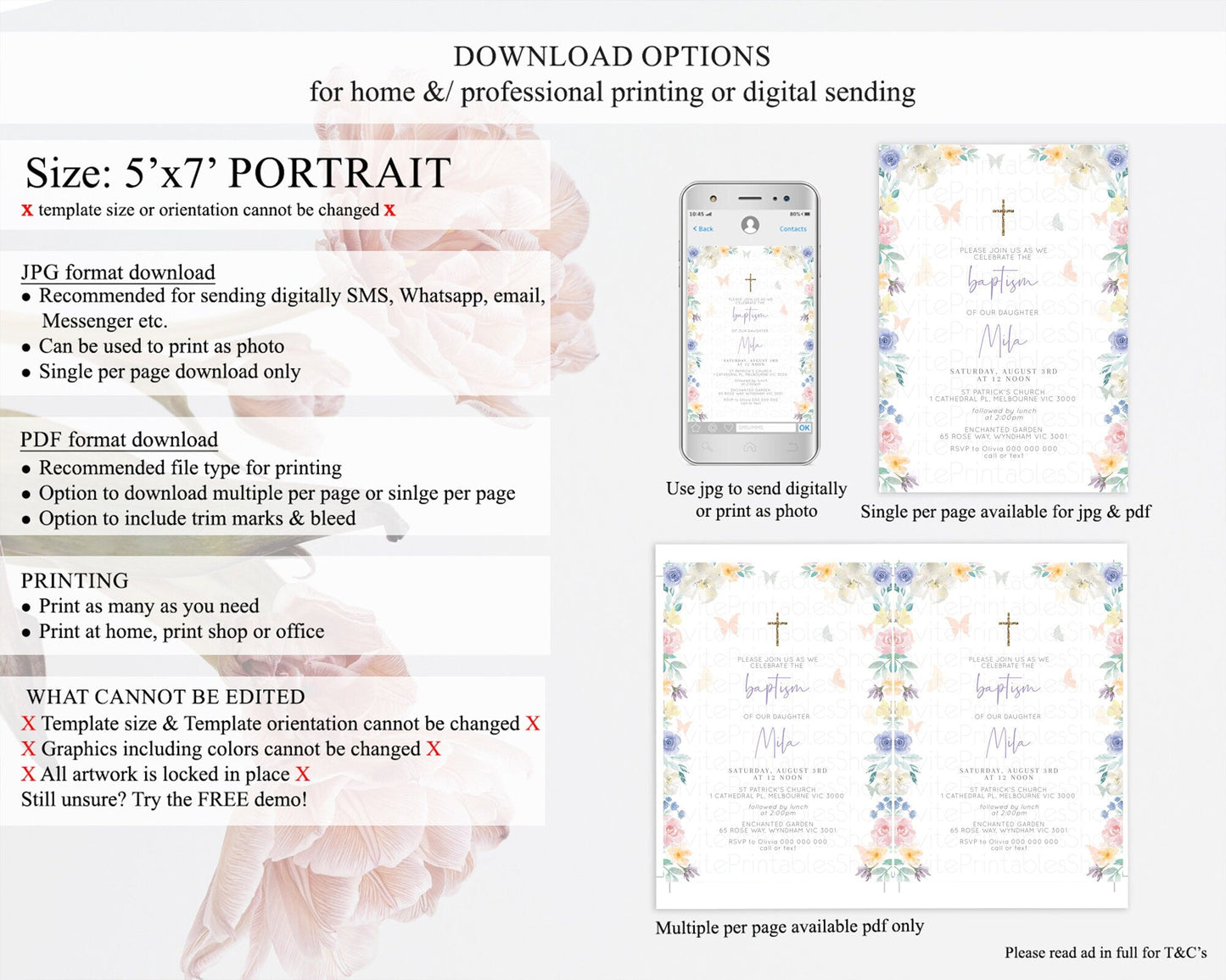 Secret Garden Baptism Invitation Wildflower Baptism Birthday Invite Pastel Flowers Christening Invite Enchanted Garden Boho Floral D10710