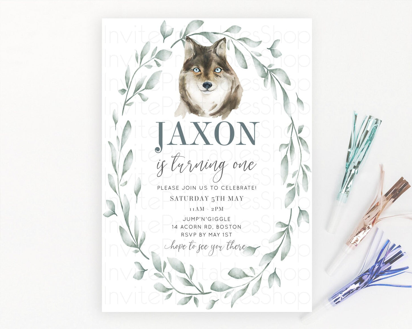Wolf Birthday Invitation Wolf Invitation Pastel Wolf Birthday Enchanted Forest Woods Wolf Floral Invitation Howling Birthday Party 100203