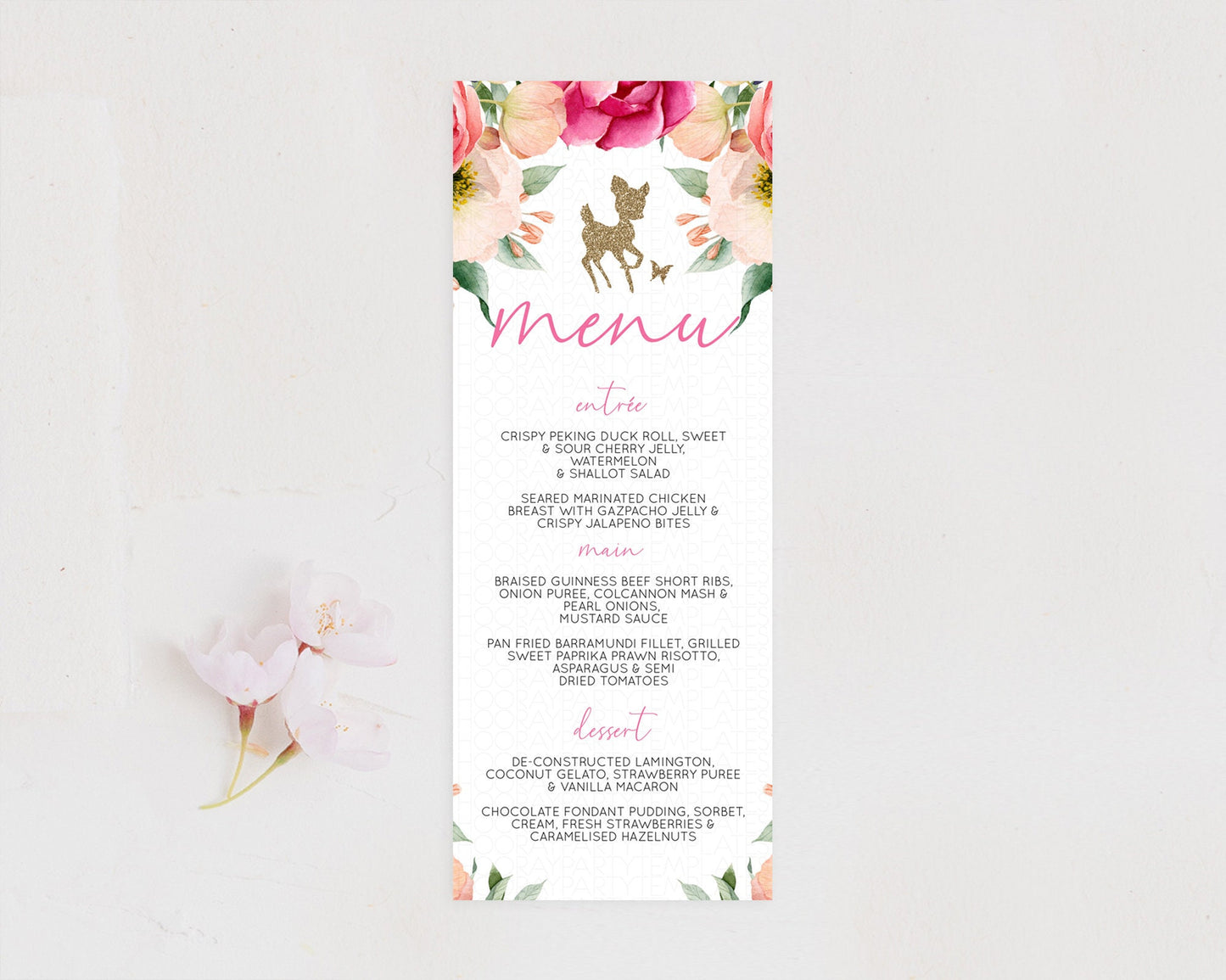 Fawn Menu Deer Menu Template Pastel Floral Deer Table Decor Enchanted Forest Butterfly Floral Dinner Dessert Menu Party Food Menu D10326