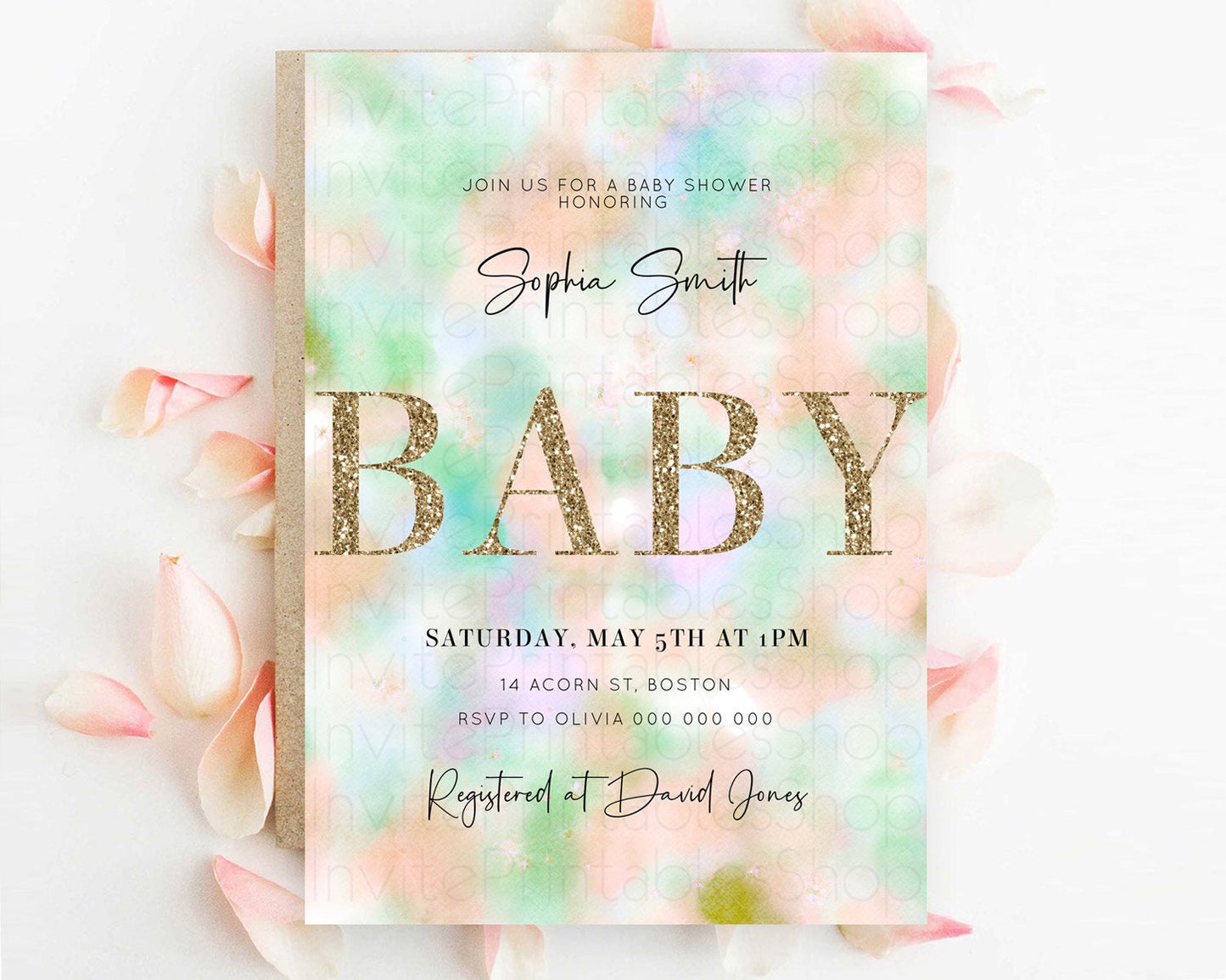 Watercolor Baby Shower Invitation, Pastel Orange and Green Tie Dye, Clouds, Gold Glitter Sprinkles, Rainbow, Colorful Pastel Ombre D10693