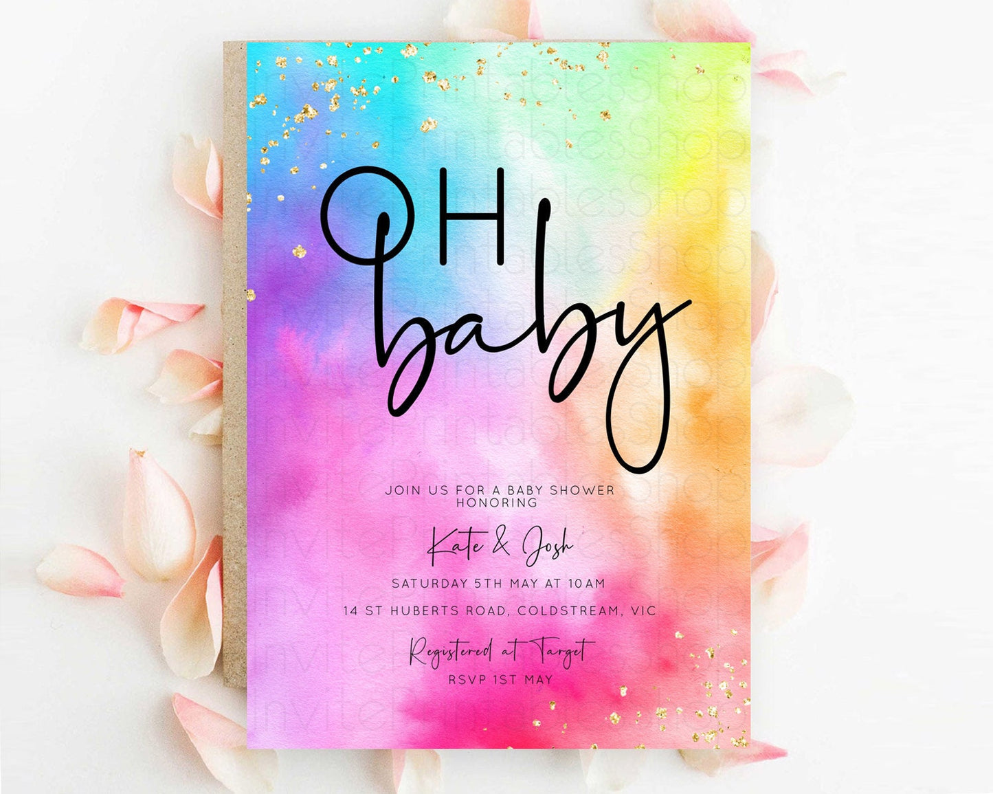 Pastel Baby Shower Invitation Rainbow Baby Shower Invitation Colorful Pastel Watercolor Invitation Gold Glitter Sprinkles Ombre D10456