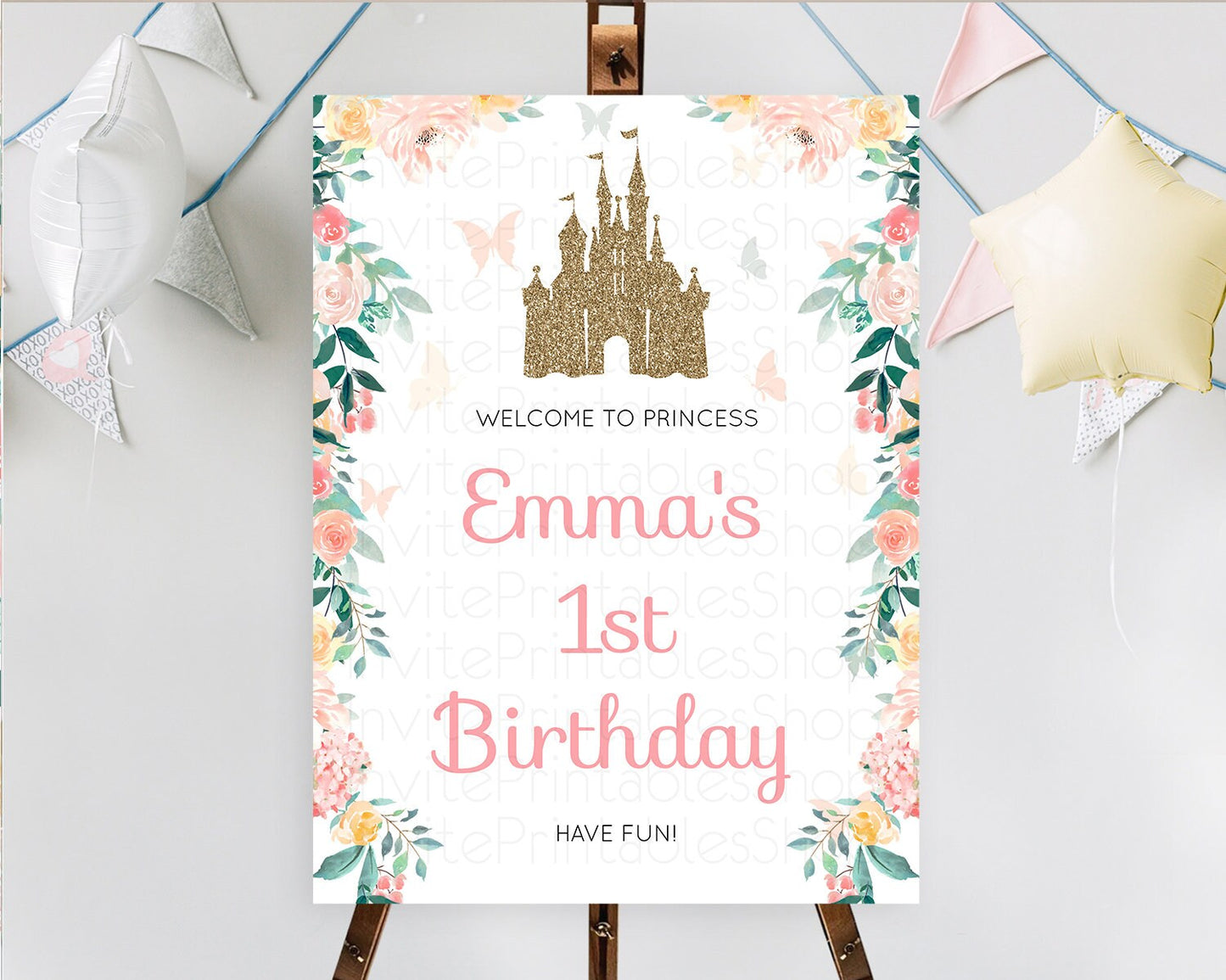 Princess Birthday Welcome Sign Castle Welcome Board Secret Garden Enchanted Castle Pastel Floral Garden First Birthday Welcome Sign D10429