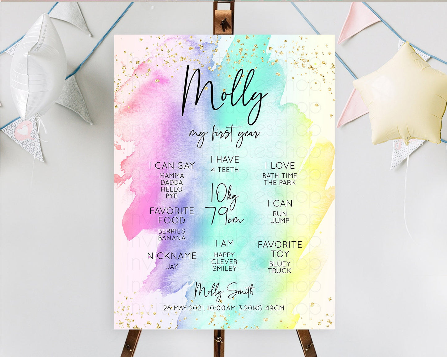 Pastel First Birthday Milestone Board Pastel Rainbow Milestone Poster Colorful Confetti Watercolor Glitter 1st Birthday Welcome Sign D10231
