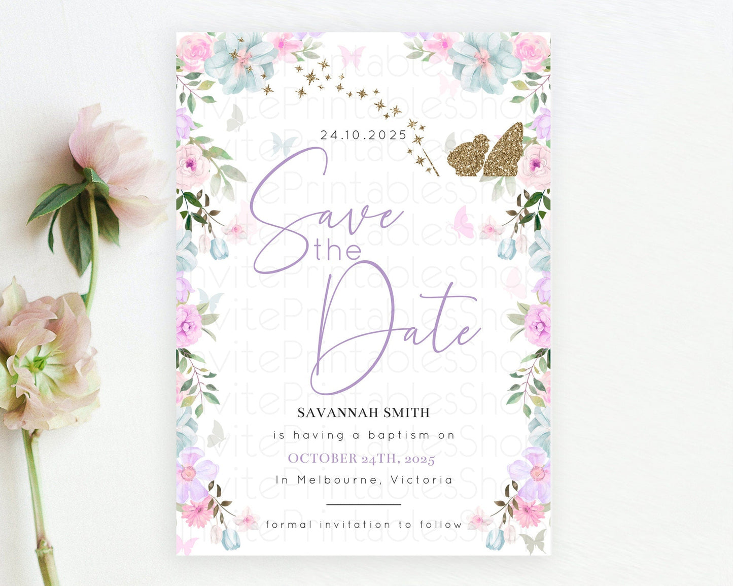 Fairy Save The Date Template Enchanted Garden Pastel Floral Butterfly Party Secret Garden Birthday Baptism Baby Shower Bridal Shower D10475