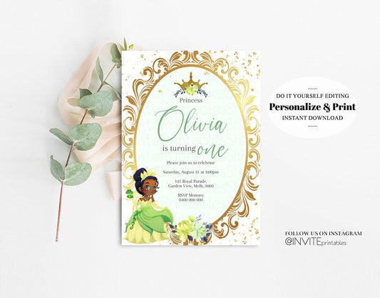 Princess Tiana Birthday Invitation Rose Crown Enchanted Castle Invitation Fairy Tale Mirror Mirror Gold Glitter Royal Celebration