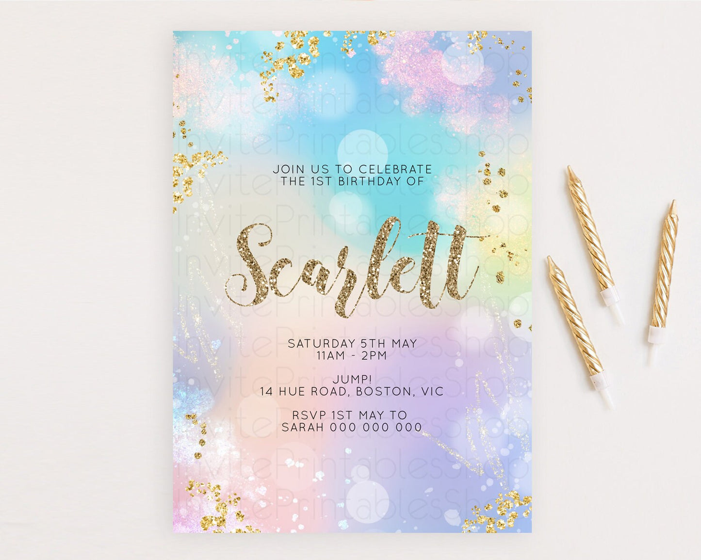 Rainbow Birthday Invitation Colorful Pastel Watercolor Invitation Gold Glitter Sprinkles Ombre Pastel 1st 2nd 3rd Birthday D10677