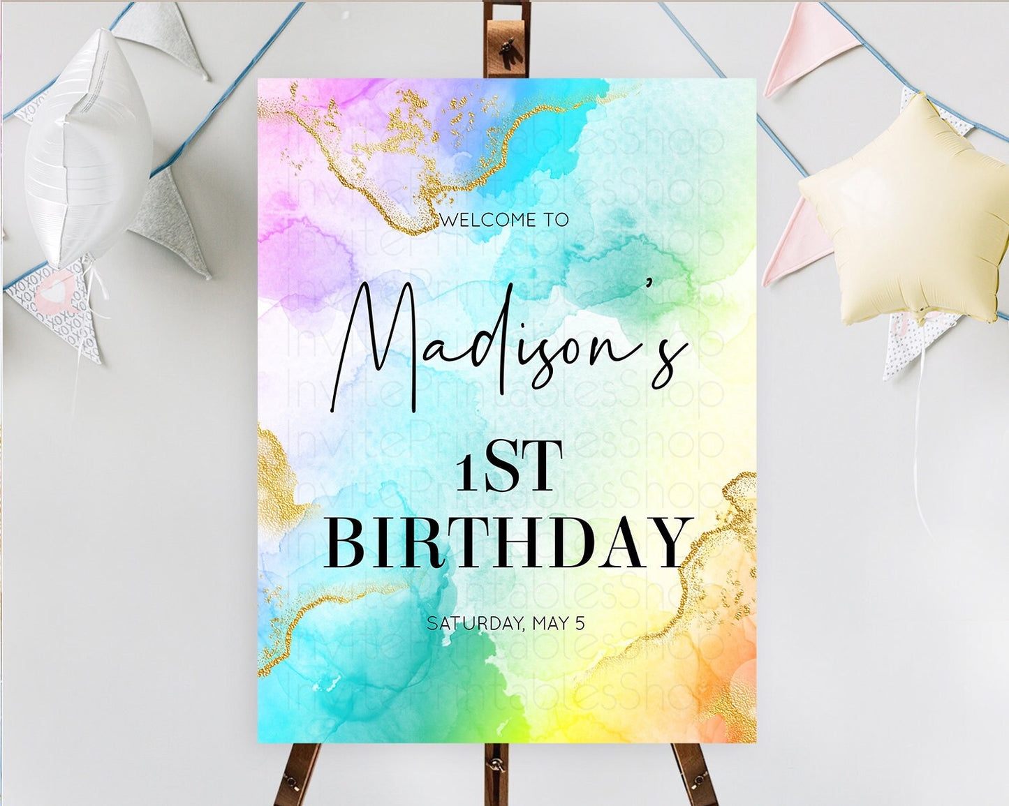 Pastel Welcome Sign Pastel Rainbow Welcome Sign Colorful Rainbow Confetti Watercolor Glitter Pastel First Birthday Welcome Sign D10393