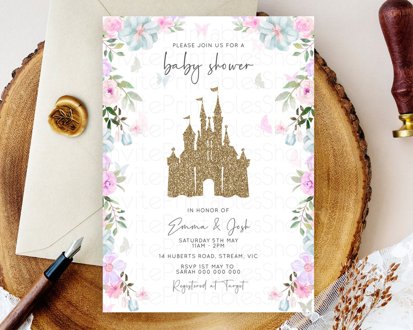 Pastel Princess Baby Shower Invitation Floral Castle Invitation Royal Baby Invite Enchanted Castle Pastel Flower Garden Baby Shower D10470
