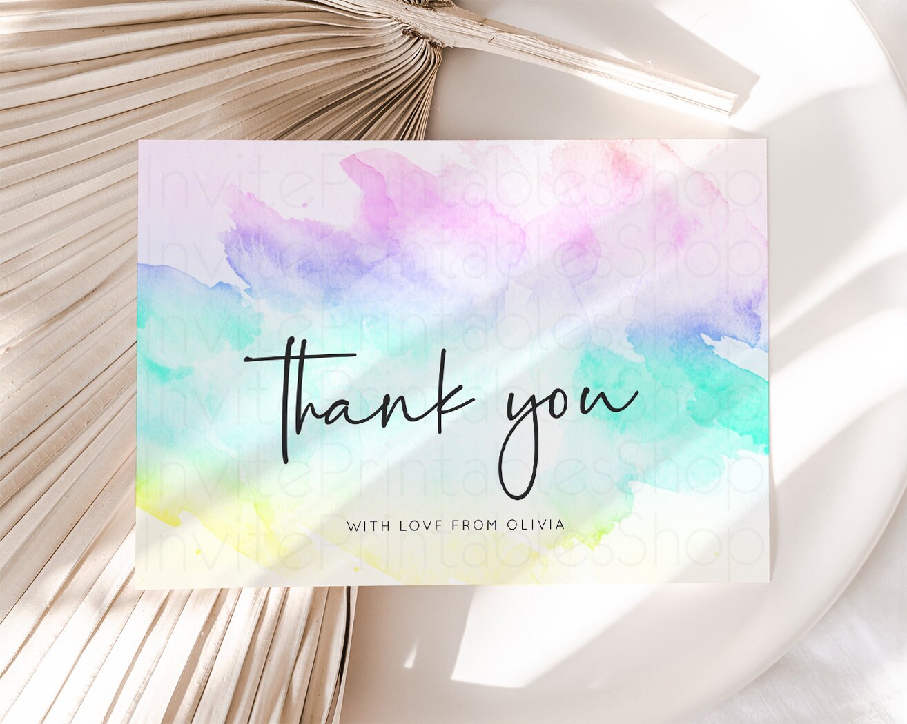 Pastel Rainbow Thank you Colorful Watercolor Folded Gift Cards Custom Note Message Glitter Birthday Engaged Baby Shower Wedding Guests F210