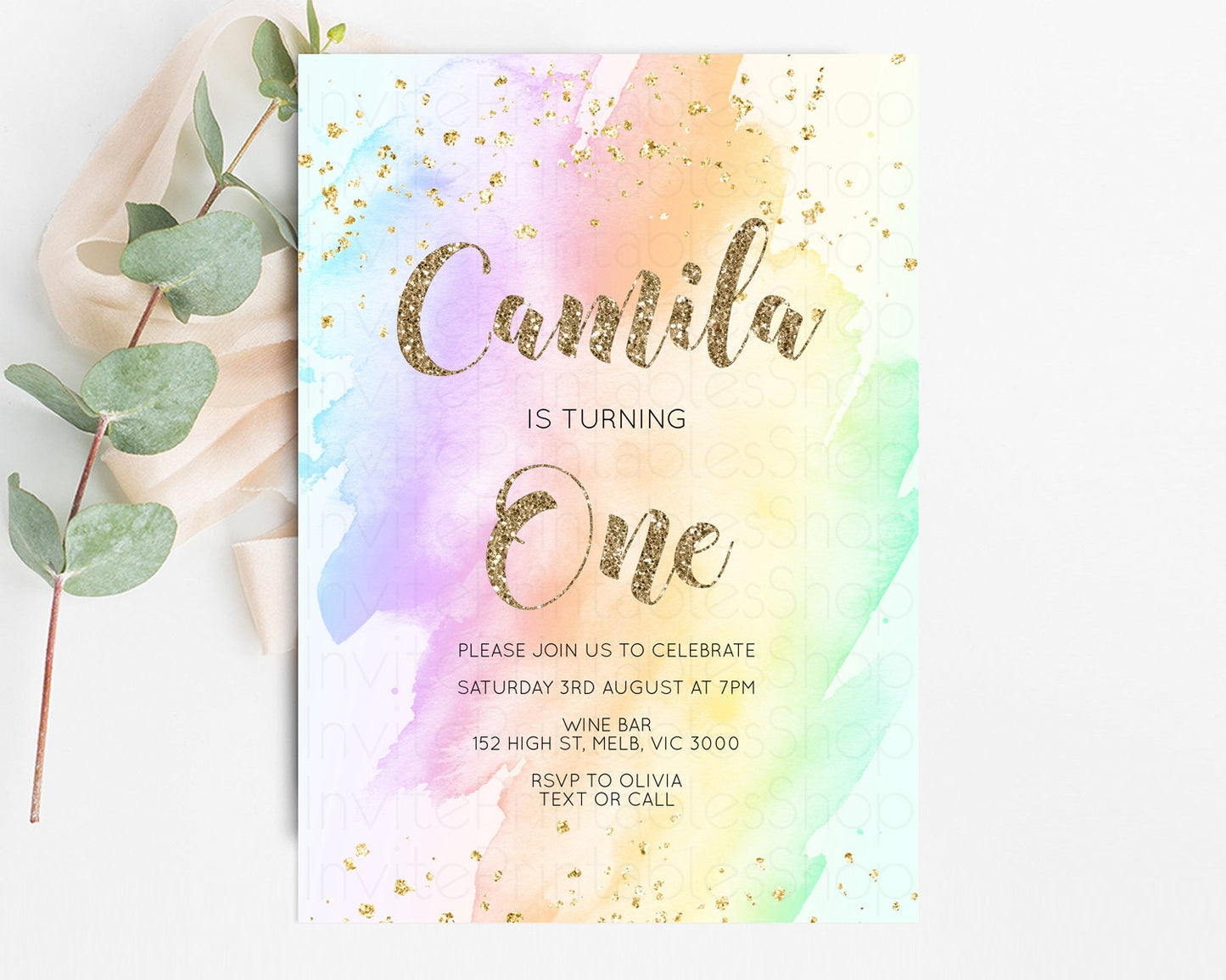 Rainbow Birthday Invitation Glitter Pastel Invitation Colorful Watercolor Gold Foil Splatter Sprinkle Ombre 1st 2nd 3rd Birthday Invite g602