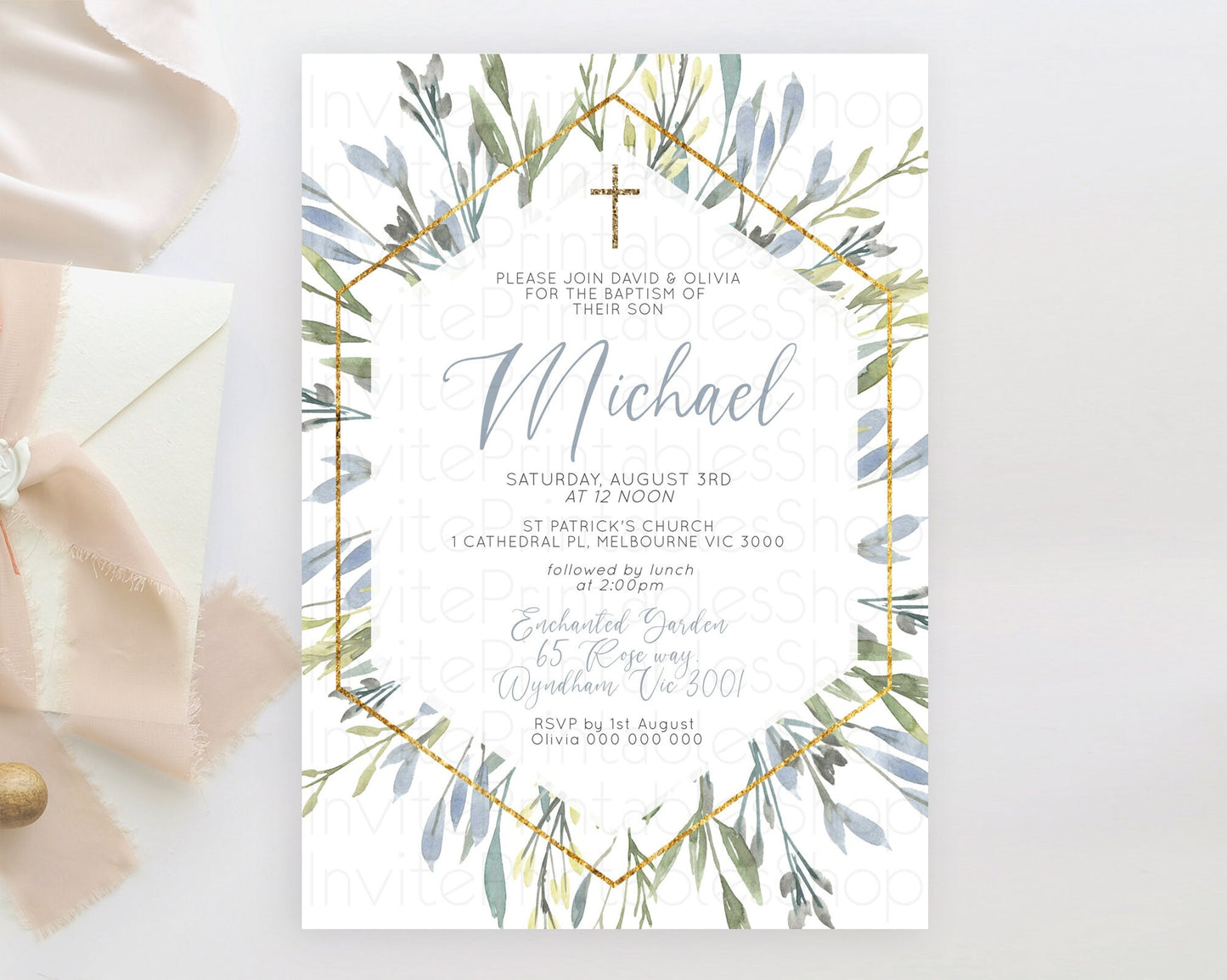 Leafy Baptism Invitation Leafy Simple Greenery Baptism 1st Birthday Invitation Eucalyptus Fern Spray Leaves Green Leaf Watercolour D10532