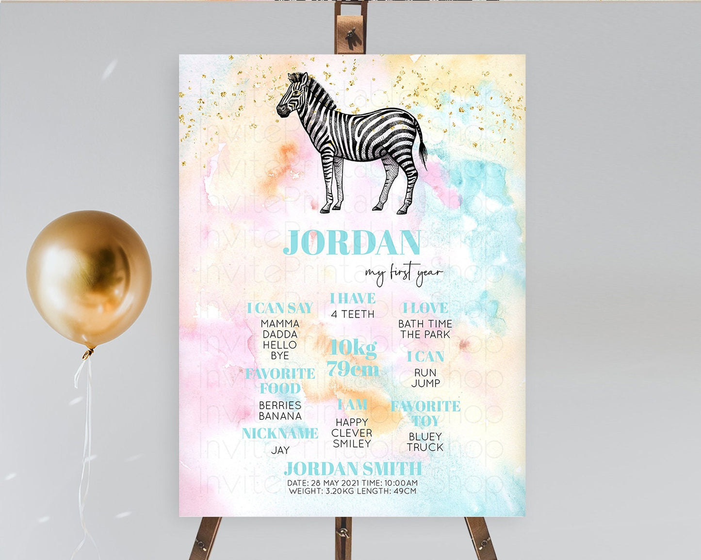 Pastel Zebra First Birthday Milestone Board Zebra Milestone Poster Colorful Rainbow Pastel Watercolor 1st Birthday Welcome Sign D10281