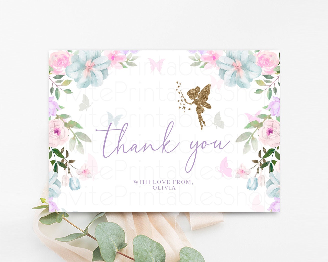 Fairy Thank you Pastel Floral Folded Card Colorful Fairy Garden Thank You Postcard Custom Message Purple Pink Birthday Baby Shower 513V3