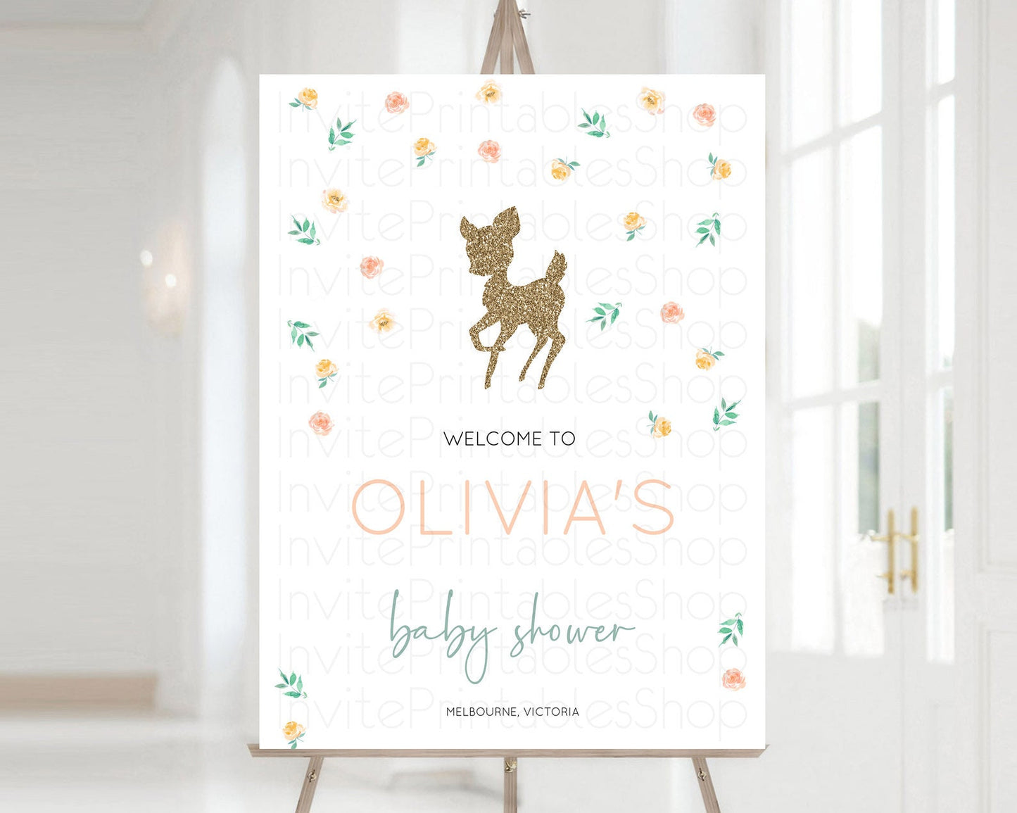 Fawn Baby Shower Welcome Sign Deer Welcome Board Floral Deer Welcome Poster Enchanted Forest Butterfly Pastel Floral Welcome Sign D10355