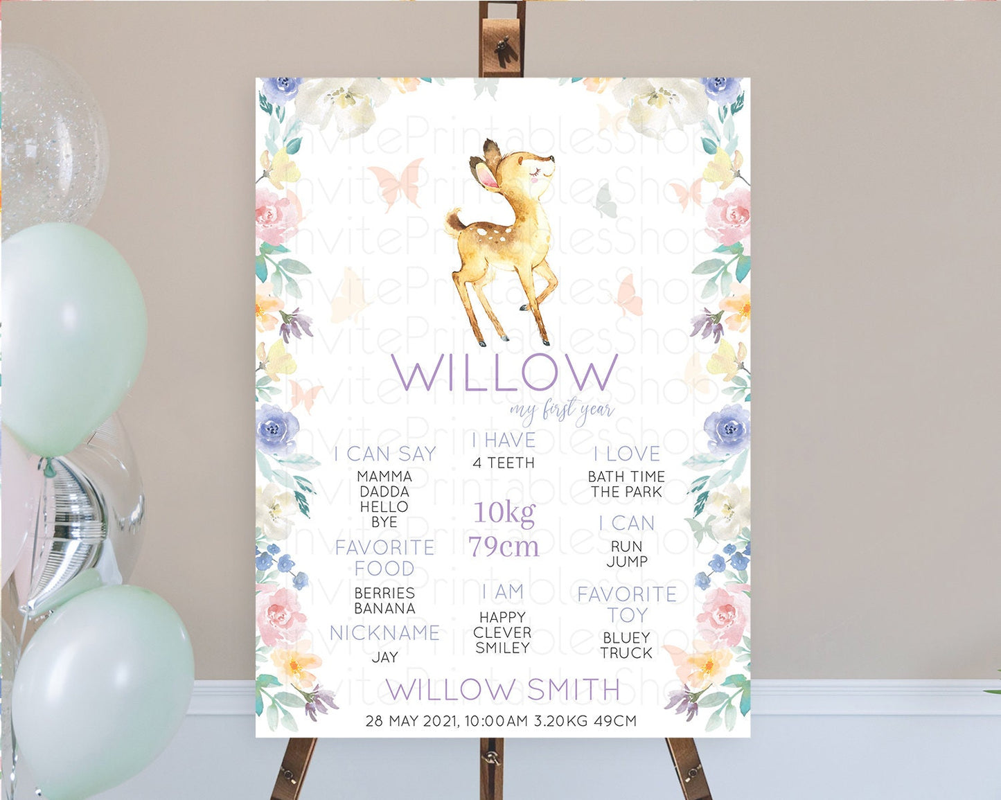 Fawn First Birthday Milestone Board Deer First Birthday Milestone Poster Enchanted Forest Butterfly Pastel Flowers 1st Birthday Sign D11001