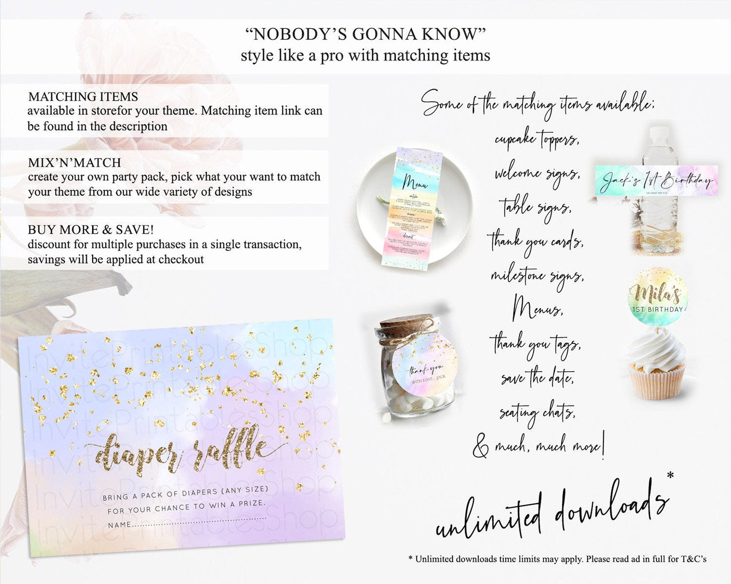 Pastel Diaper Raffle Card Pastel Rainbow Diaper Raffle Insert Colorful Ombre Watercolor Diaper Ticket Confetti Glitter Raffle Game D10372