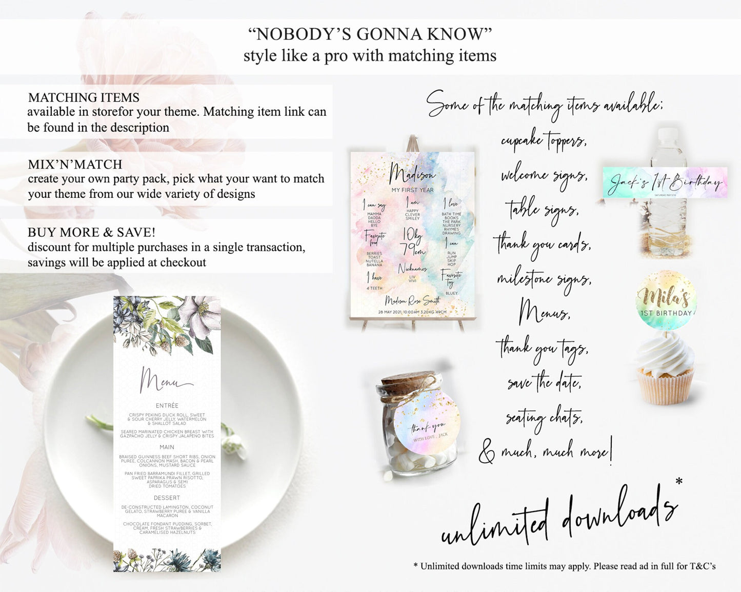 Secret Garden Menu Wildflower Menu Template Pastel Flower Garden Table Decor Boho Floral Dinner Dessert Floral Party Food Menu D10501