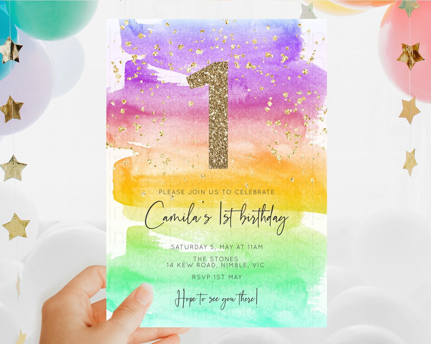 Editable Rainbow Birthday Invitation Colorful Pastel Watercolor Invitation G
