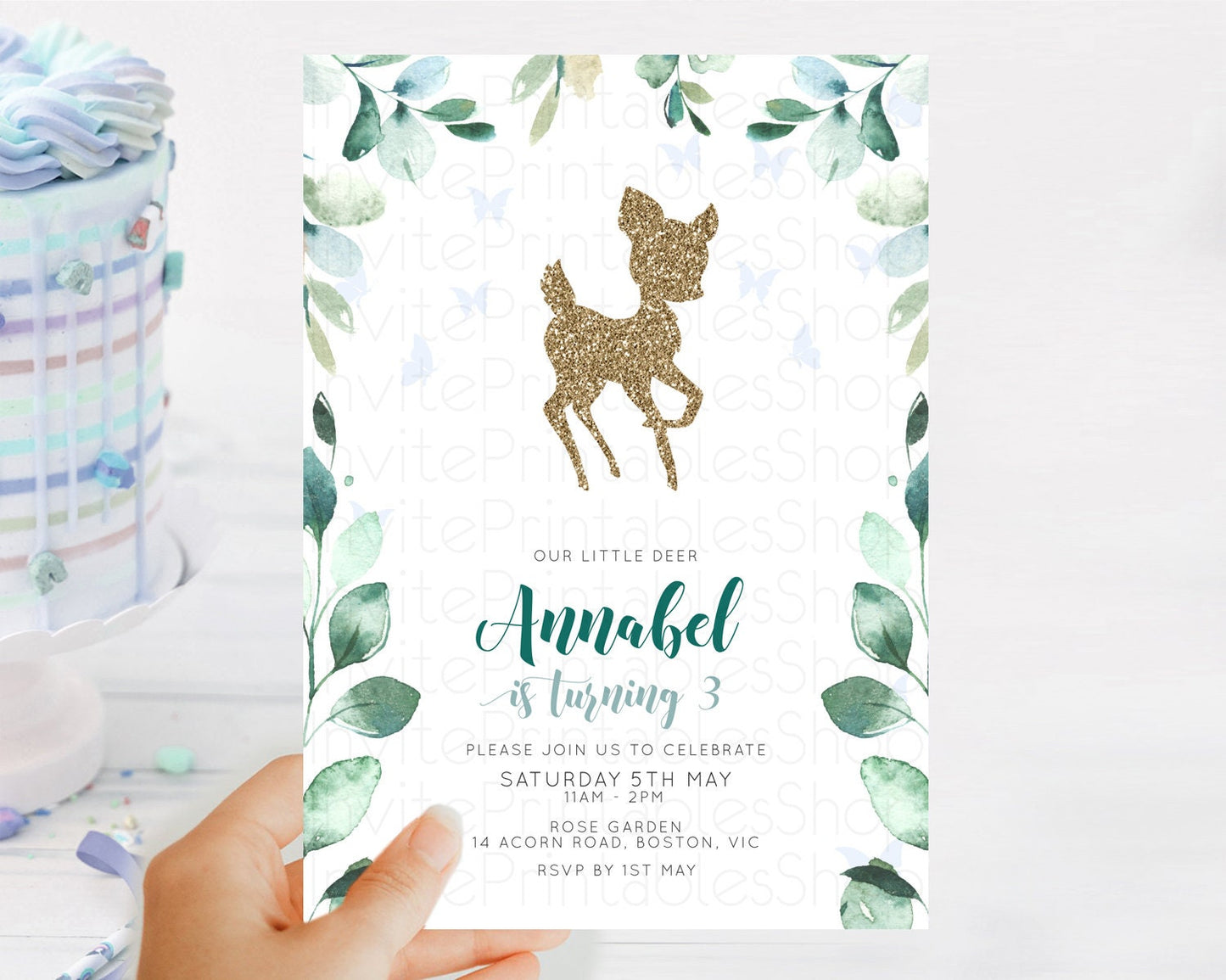 Fawn Birthday Invitation Deer Birthday Invitation Enchanted Forest Party Butterfly Pastel Flowers Whimsical 2nd 1st First Birthday D10882