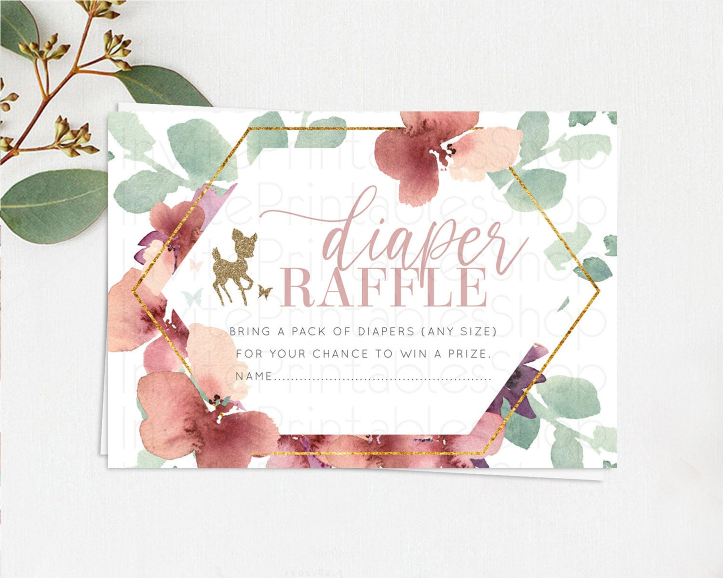 Fawn Diaper Raffle Card Deer Diaper Insert Floral Deer Diaper Ticket Enchanted Forest Butterfly Pastel Baby Shower Raffle Game D10459