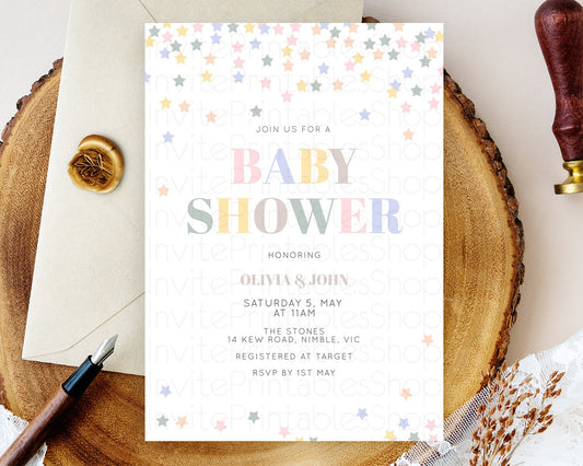 Editable Twinkle Star Baby Shower Invitation, Pastel Rainbow Confetti Stars